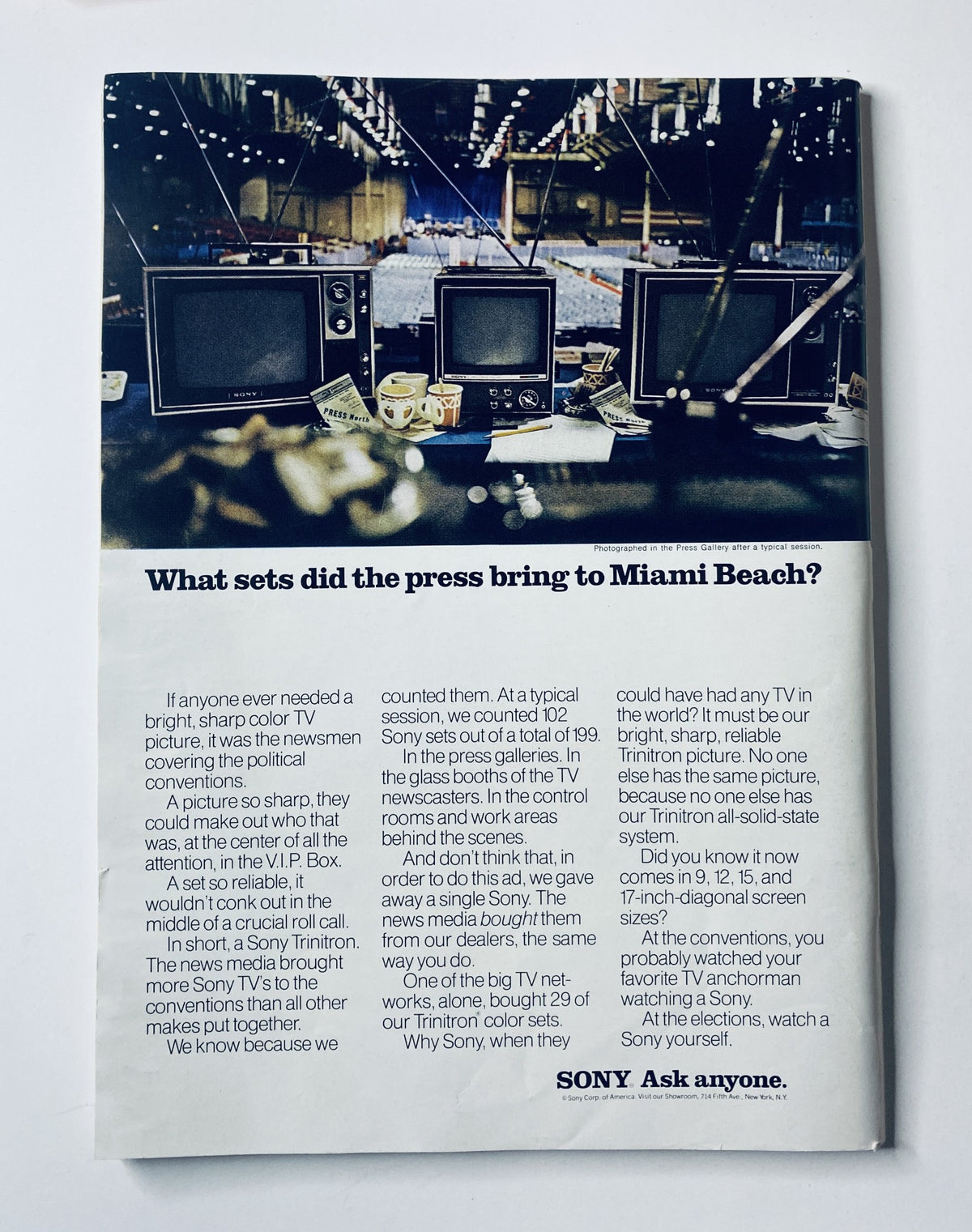The back cover of The New Yorker Magazine October 21, 1972, displaying an advertisement for Sony presenting their TV technology in a visually striking setting.