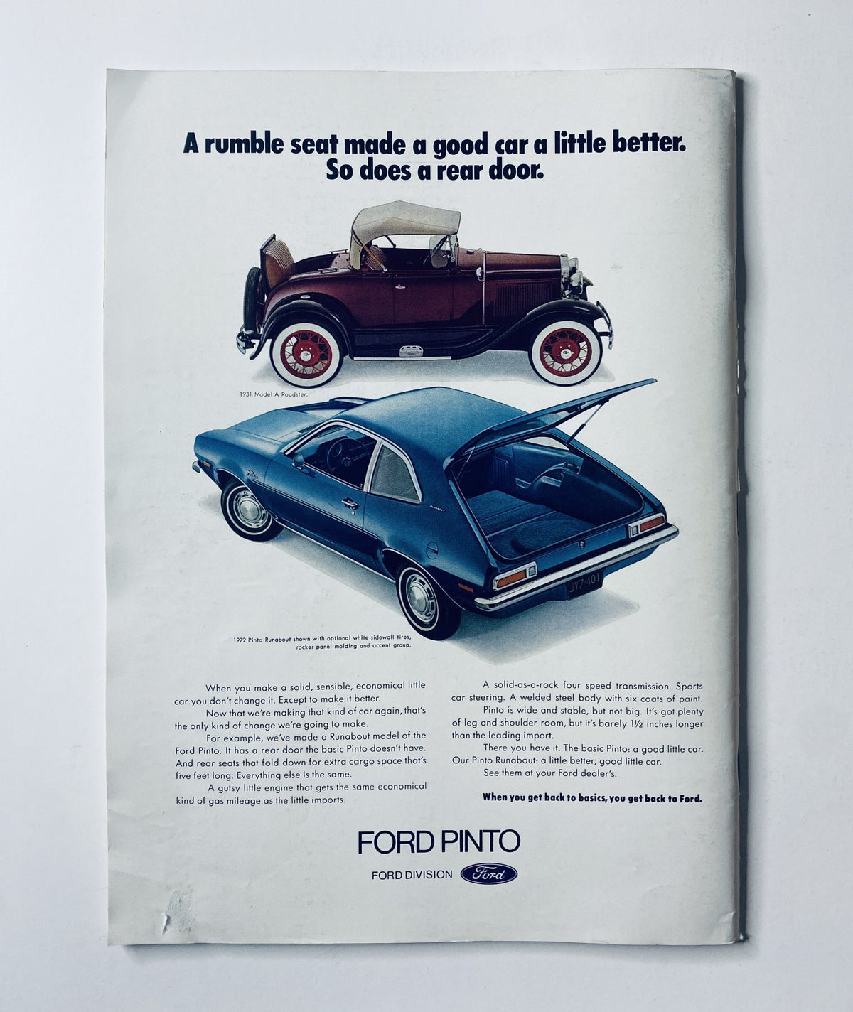Back cover of The New Yorker Magazine February 26, 1972 featuring an advertisement for the Ford Pinto, promoting the vehicle's comfortable seating and rear door functionality.