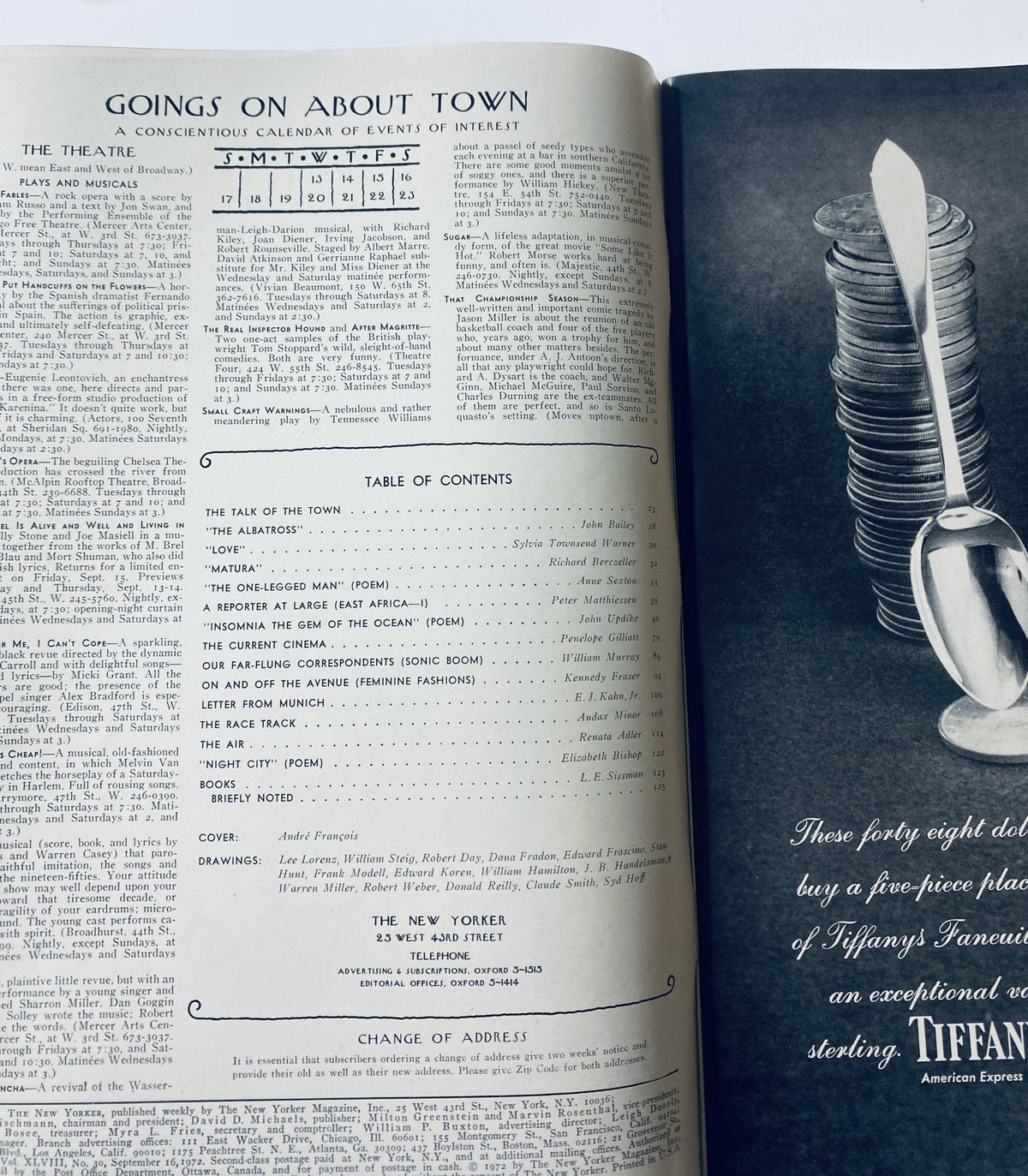 The New Yorker Magazine September 16, 1972 Two Men in Barrels A. François, featuring a table of contents and notable articles including 'The Albatross' and 'Love.' The magazine displays vintage typography and layout.