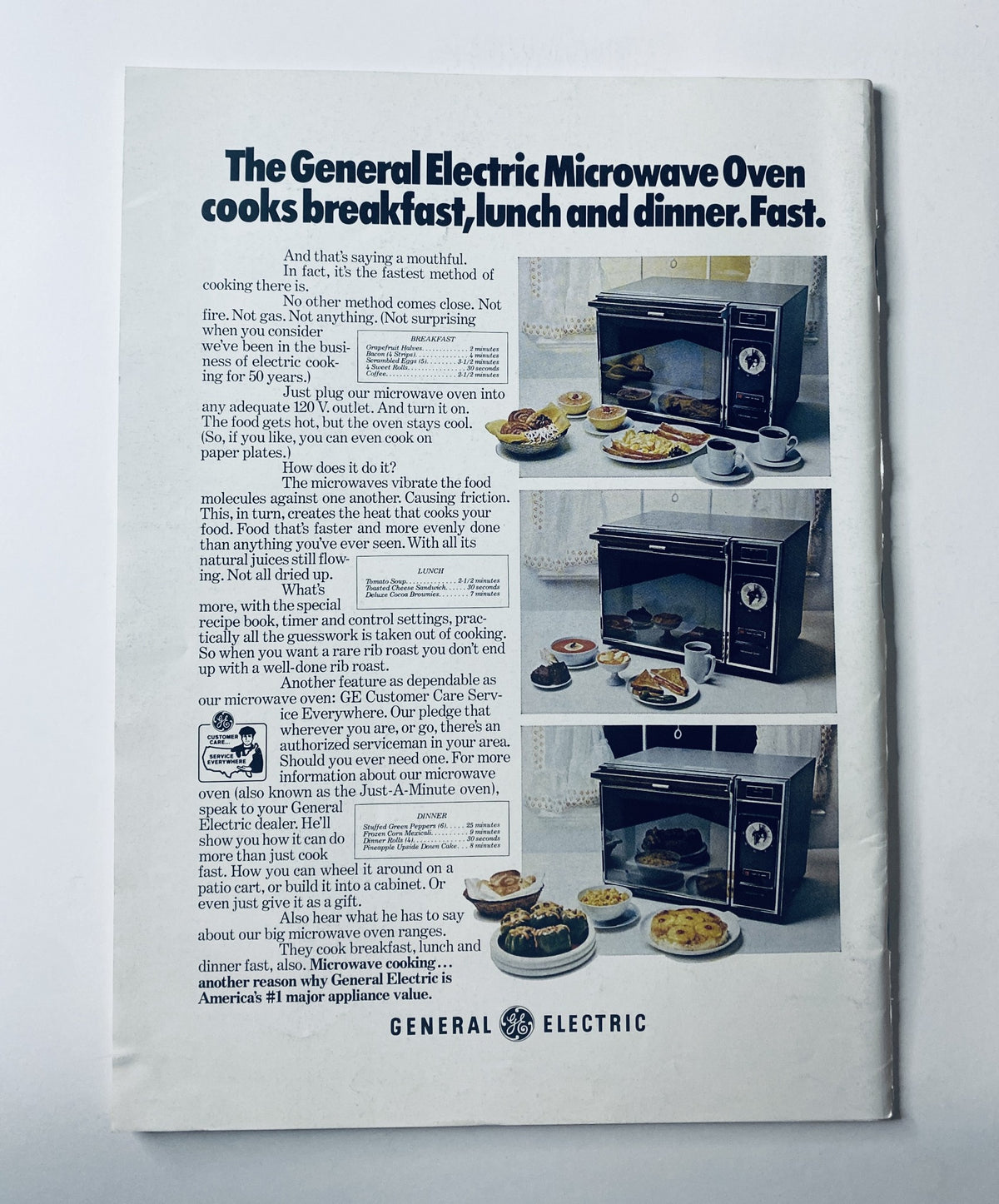 Advertisement for the General Electric Microwave Oven featuring images of the microwave in use, highlighting its ability to cook breakfast, lunch, and dinner quickly. Includes various food items showcased with the microwave. Related to The New Yorker Magazine August 5, 1972 Exhibit of Paintings Cover C. Martin.