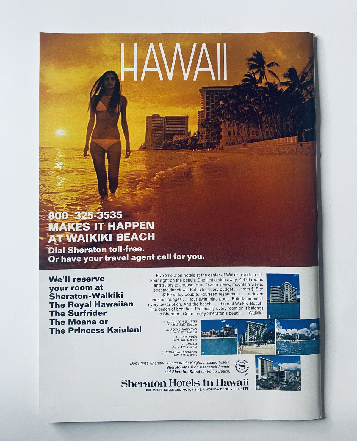 A vintage advertisement from The New Yorker Magazine April 8, 1972 promoting Sheraton Hotels in Hawaii.