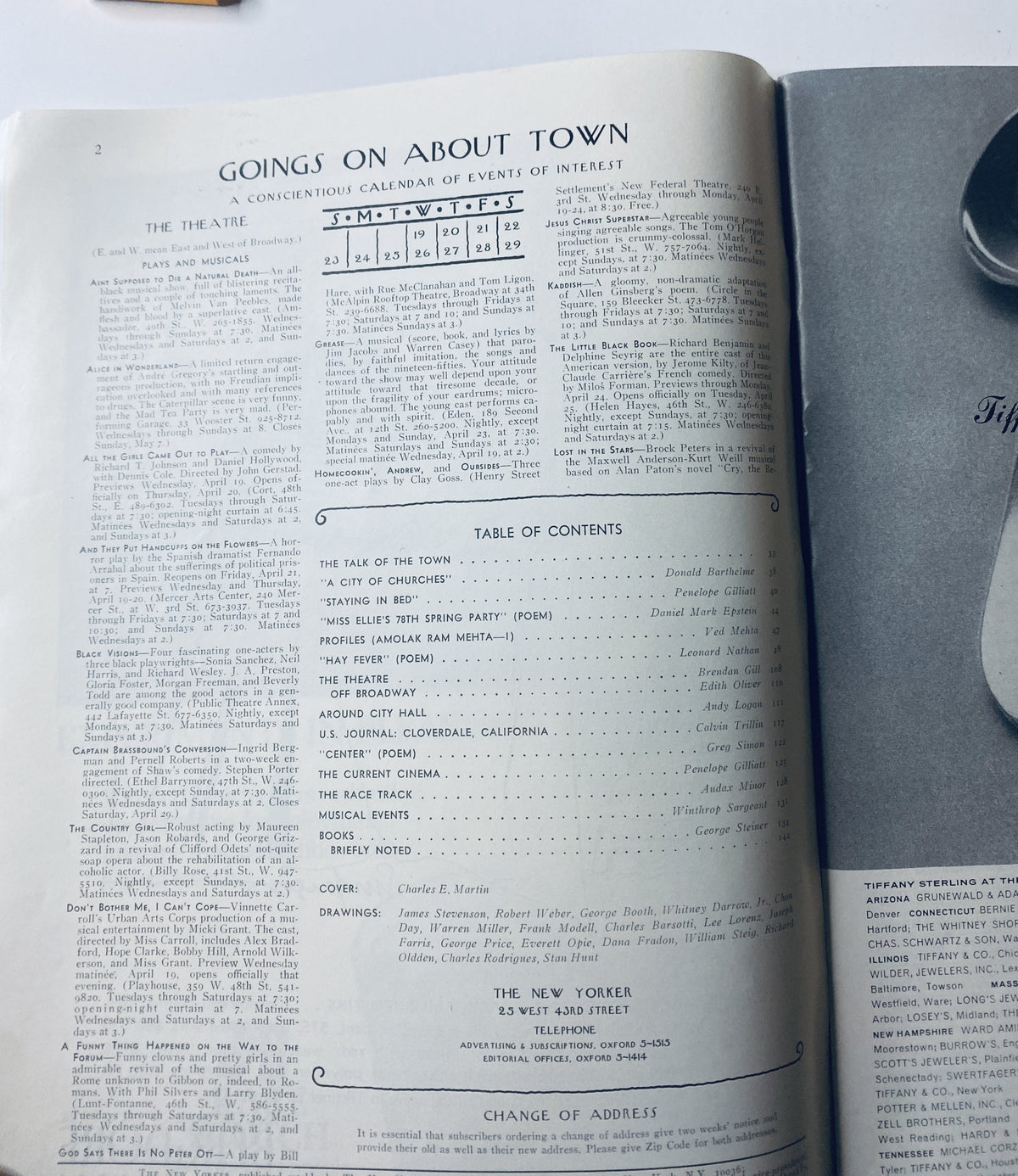 Inside page of The New Yorker Magazine, April 22, 1972, showing the table of contents and events of interest, including 'The Talk of the Town' and articles by various writers.