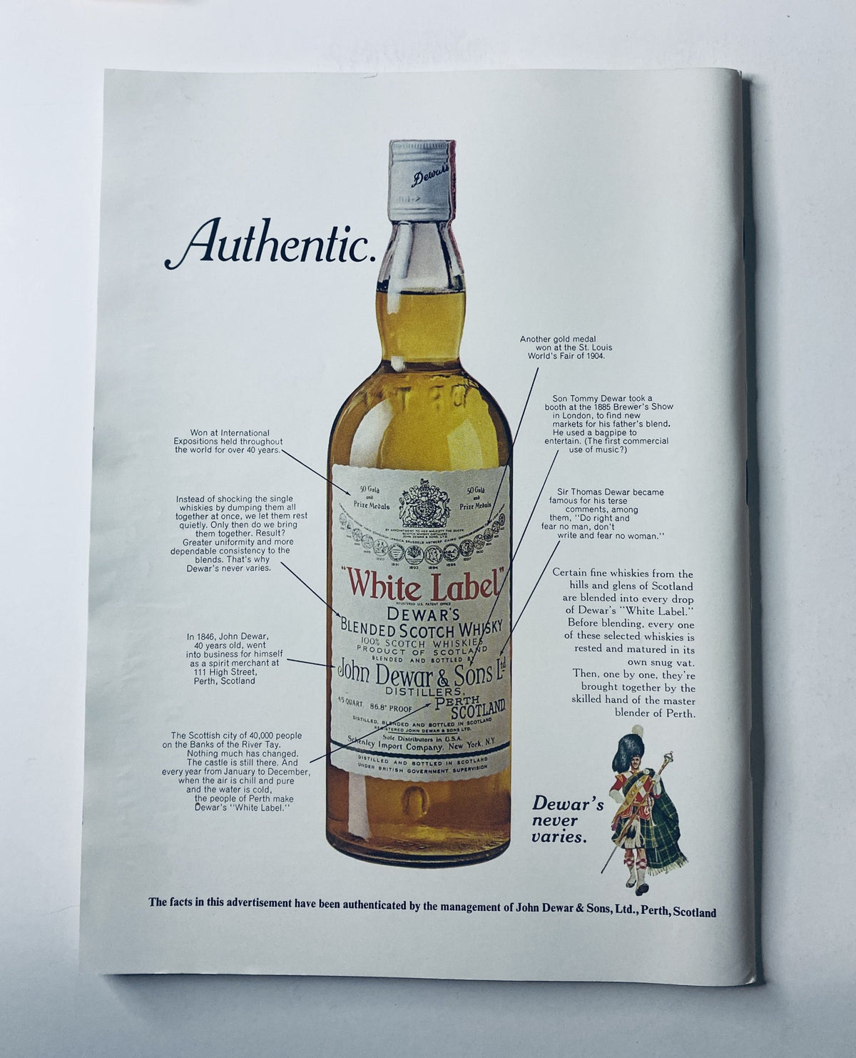 Advertisement page from The New Yorker Magazine, April 22, 1972, featuring Dewar's White Label blended Scotch whisky with detailed product information.