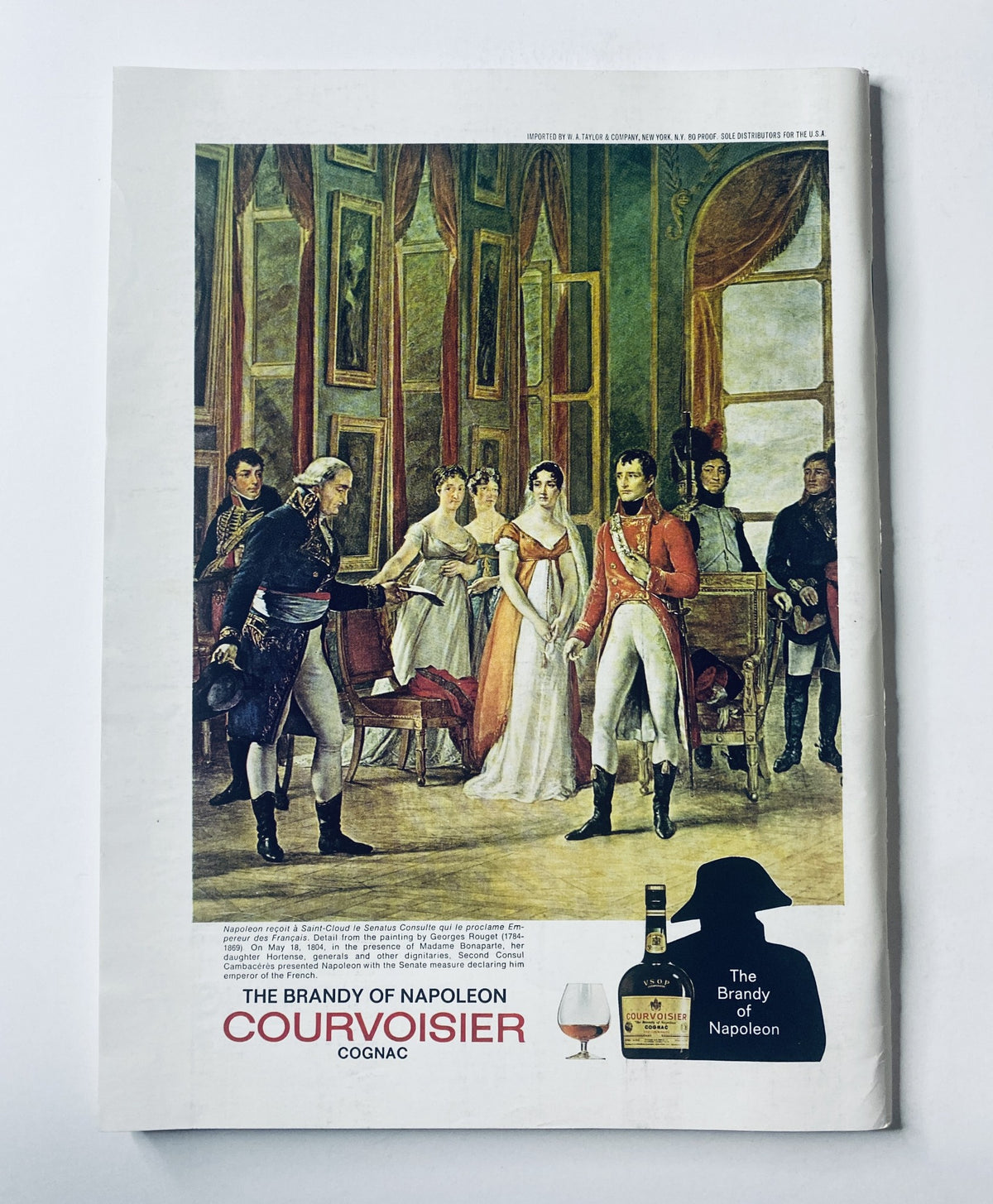 The New Yorker Magazine March 18, 1972 featuring an advertisement for Courvoisier Cognac, showcasing a historical scene with Napoleon and attendees. The magazine is presented in a protective plastic sleeve.