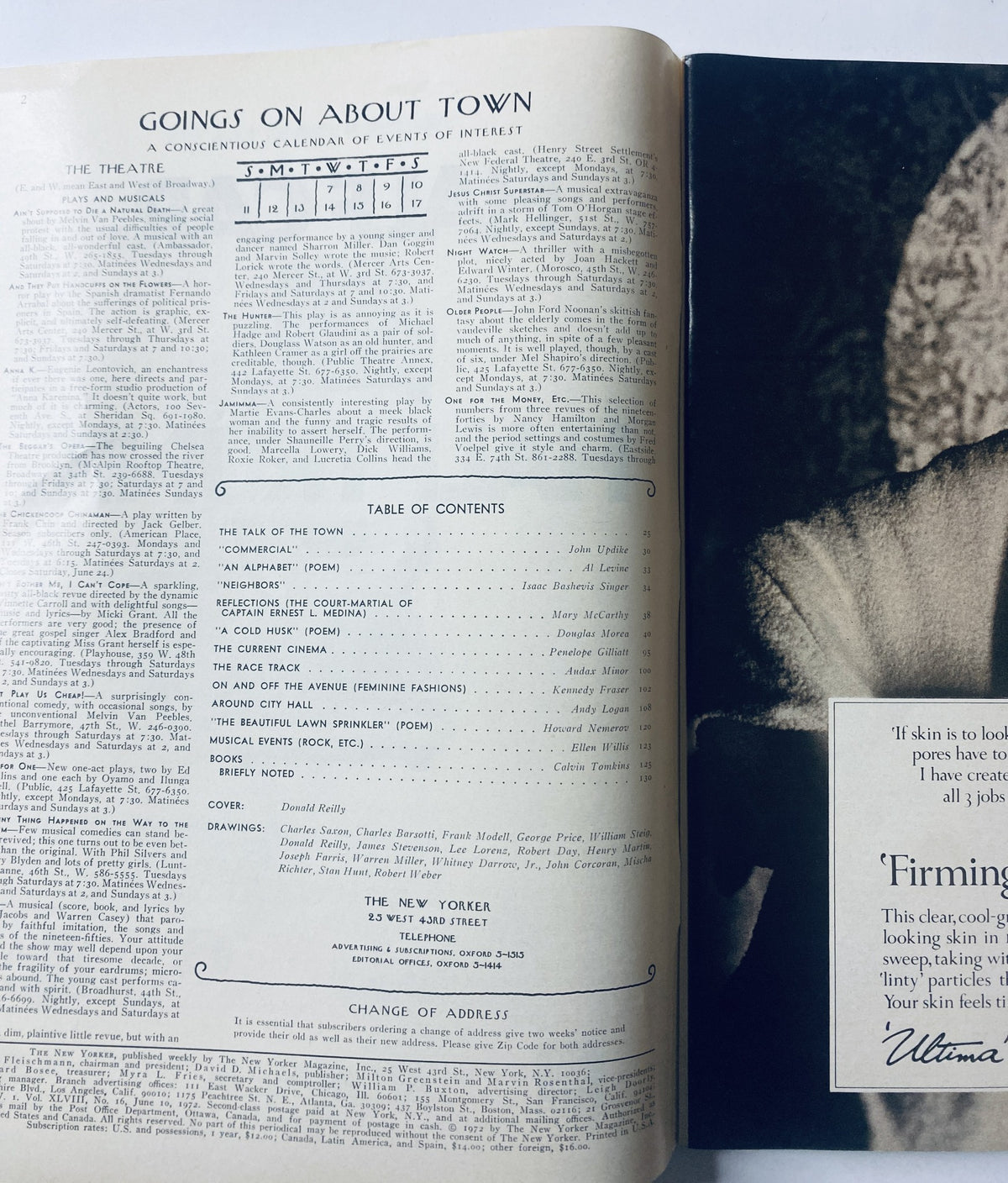 An interior page of The New Yorker Magazine June 10, 1972 displaying the 'Goings On About Town' section alongside the Table of Contents, listing various articles and features.