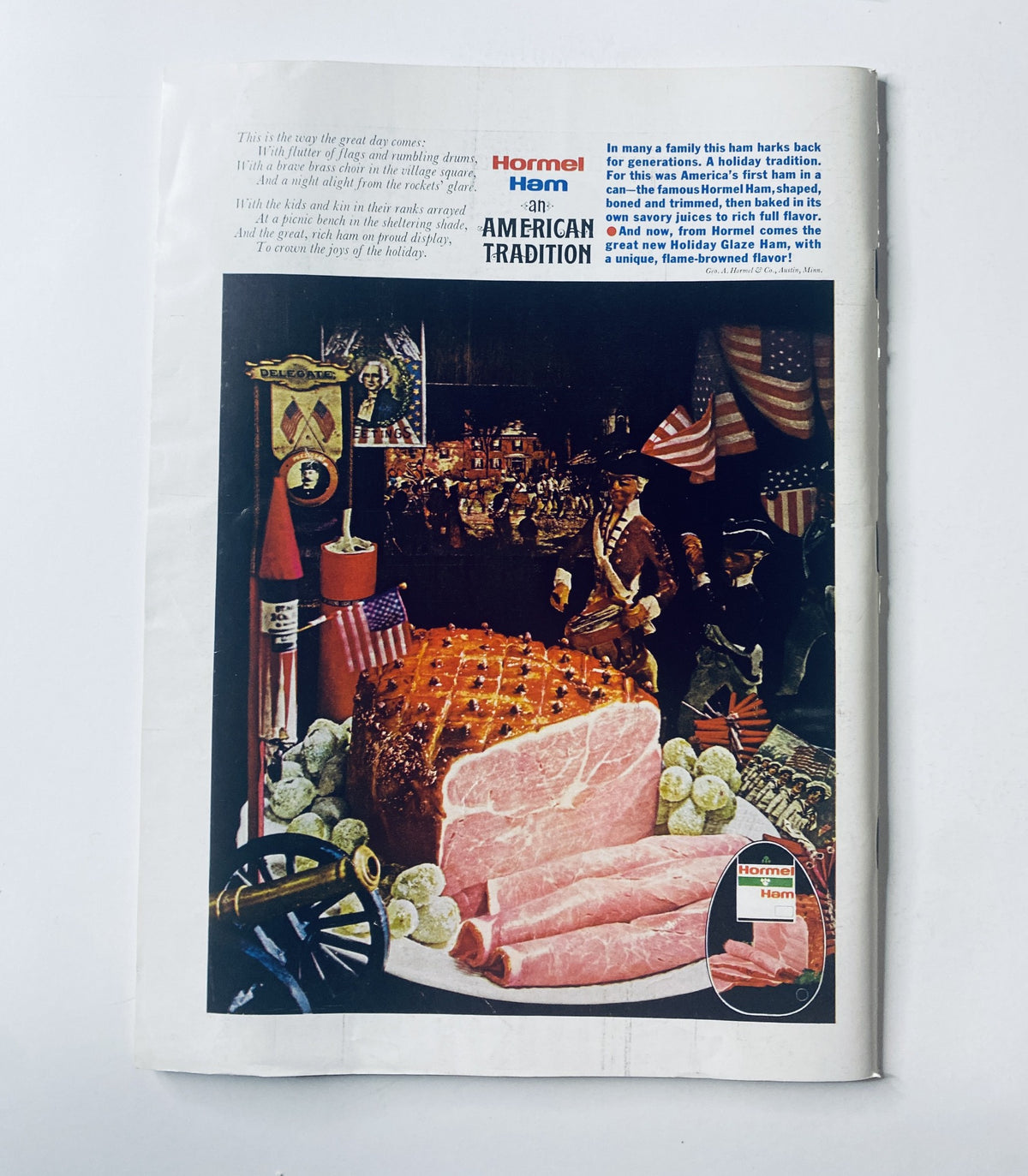The back cover of The New Yorker Magazine June 10, 1972 advertising Hormel Ham, illustrating a festive American theme with a cooked ham surrounded by patriotic symbols and decor.