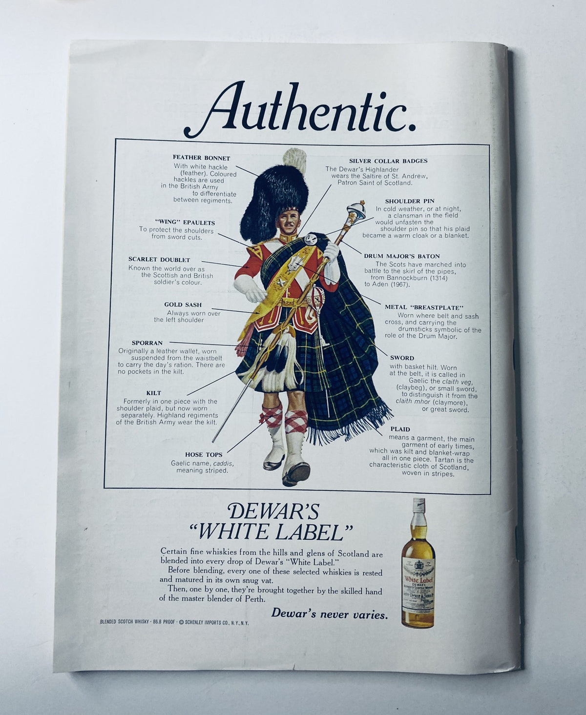 Advertisement page from The New Yorker Magazine February 5, 1972 showcasing Dewar's White Label whisky, featuring a Scottish soldier in traditional dress, with details of the product.
