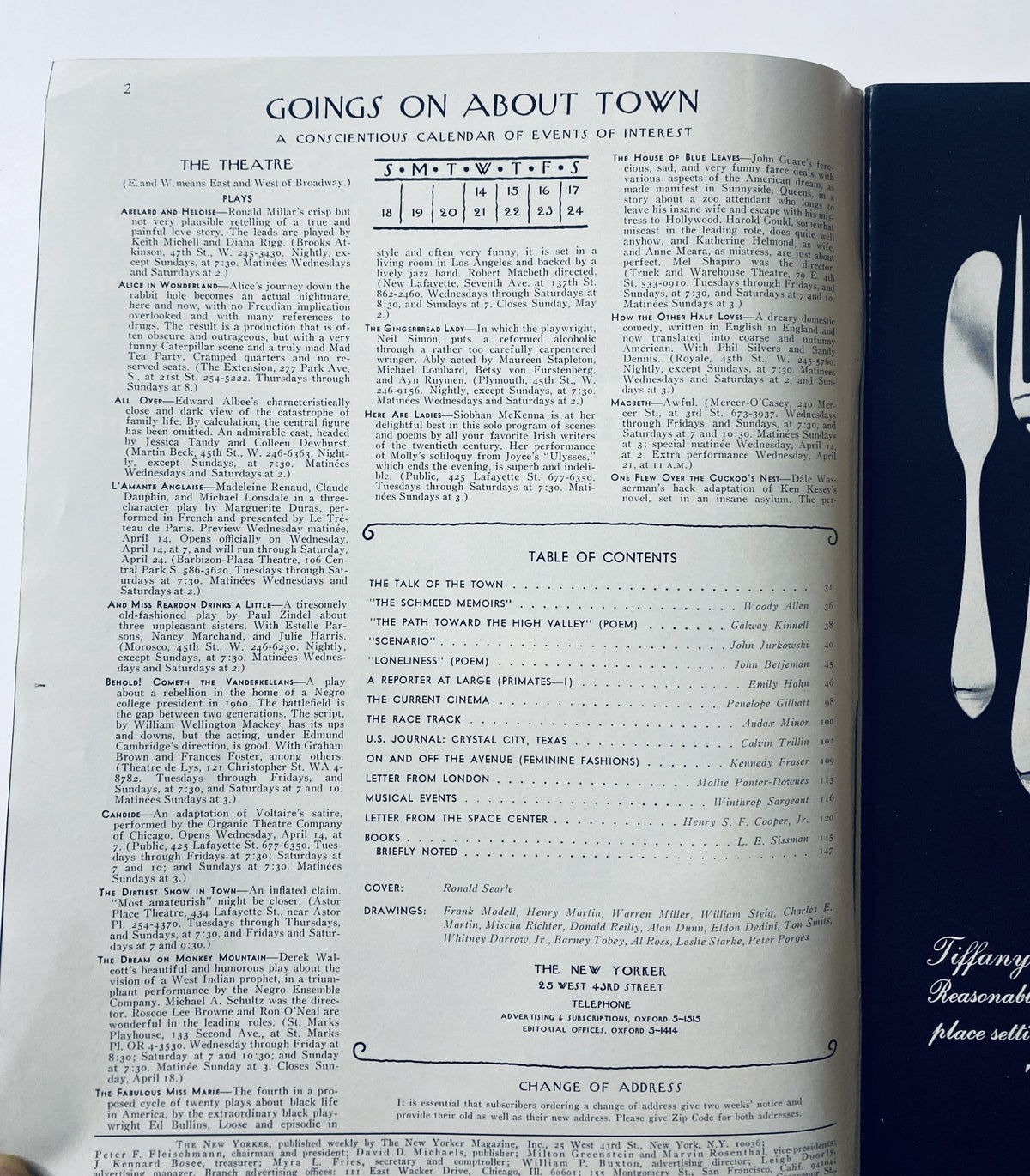 Inside page of The New Yorker Magazine April 17, 1971, detailing the Goings On About Town calendar and Table of Contents.