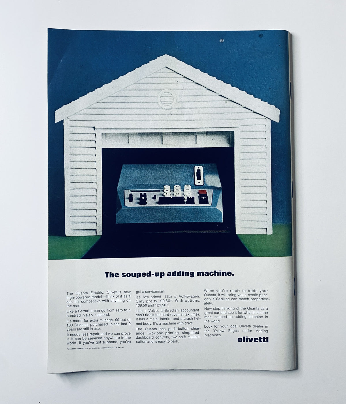 Advertisement from The New Yorker Magazine dated February 27, 1971, promoting the Olivetti adding machine, illustrated with a modern garage setting.