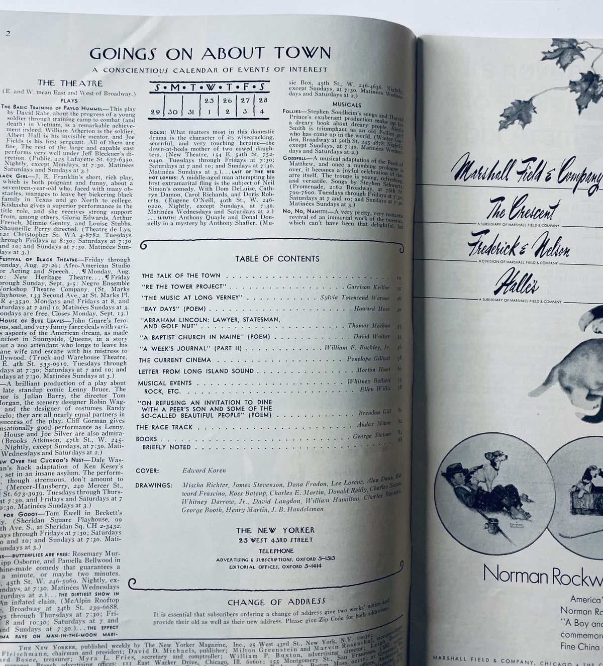 The New Yorker Magazine August 28, 1971 featuring a detailed table of contents, including various articles and poems, in a vintage layout with a focus on cultural topics.