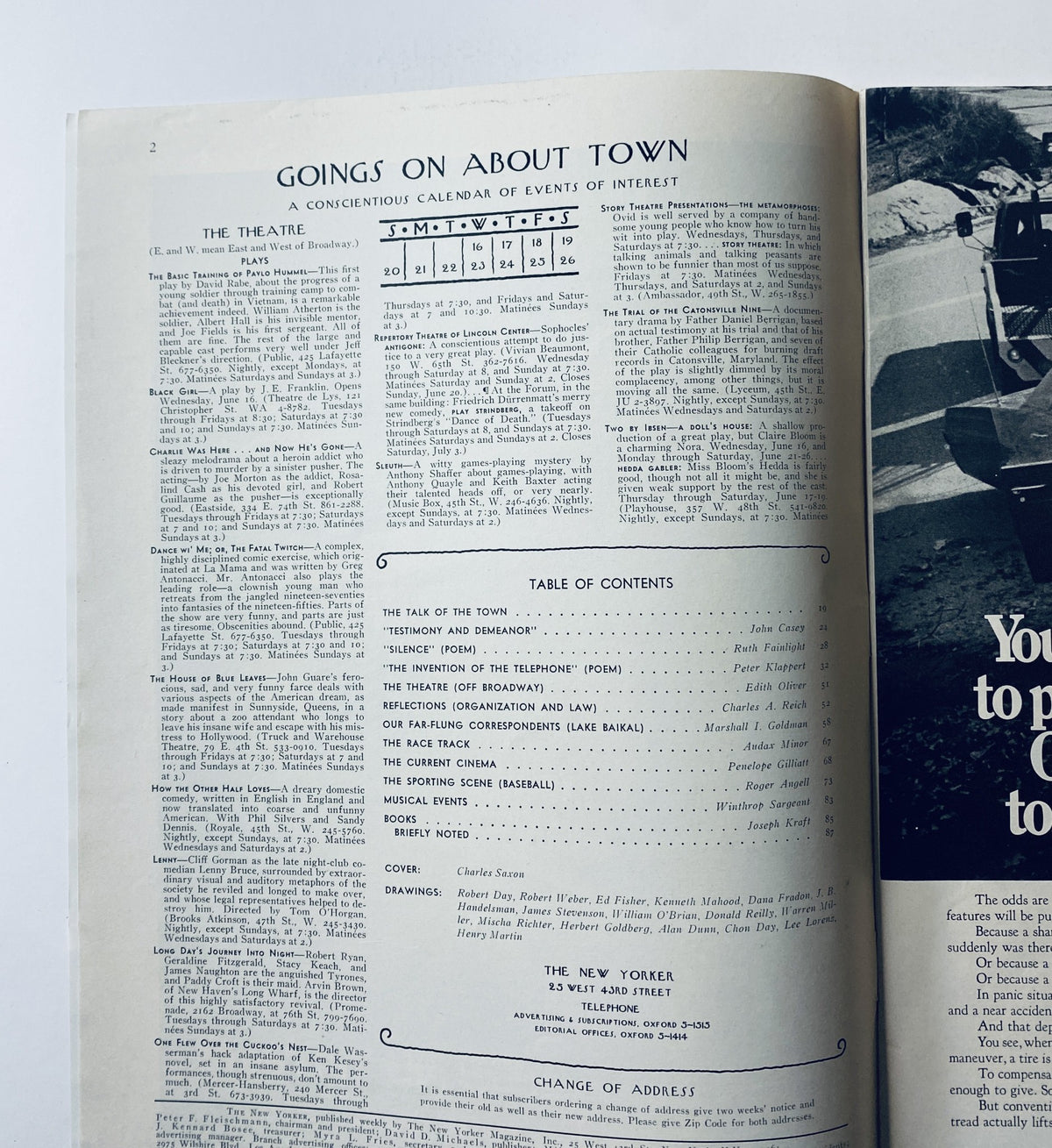 Inside page of The New Yorker Magazine June 19, 1971 displaying the Table of Contents and 'Goings On About Town' section.