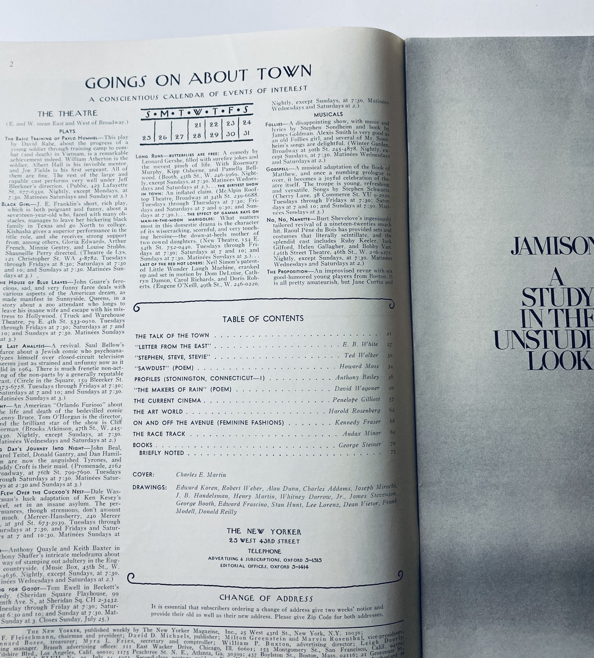 Inside The New Yorker Magazine July 24, 1971 showing the text 'Goings On About Town' with a detailed table of contents listing articles including 'Letter from the East' by E. B. White.