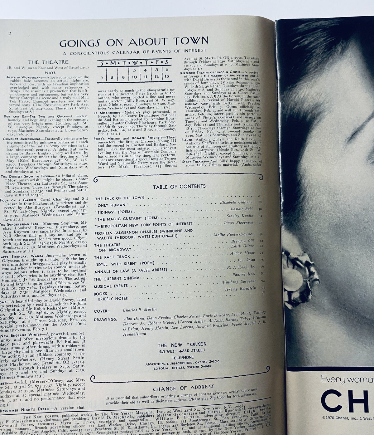 Interior page of The New Yorker Magazine February 6, 1971, displaying the Table of Contents and events calendar with the title 'Goings On About Town'.