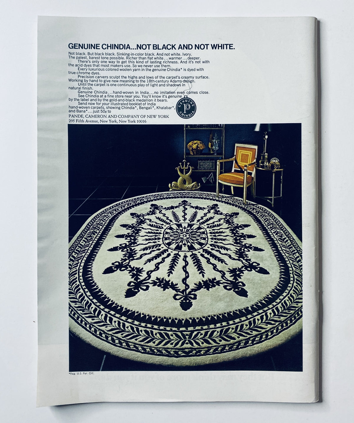 Advertisement for Genuine Chindia rug featured in The New Yorker Magazine February 13, 1971, showcasing a decorative carpet and modern chair.