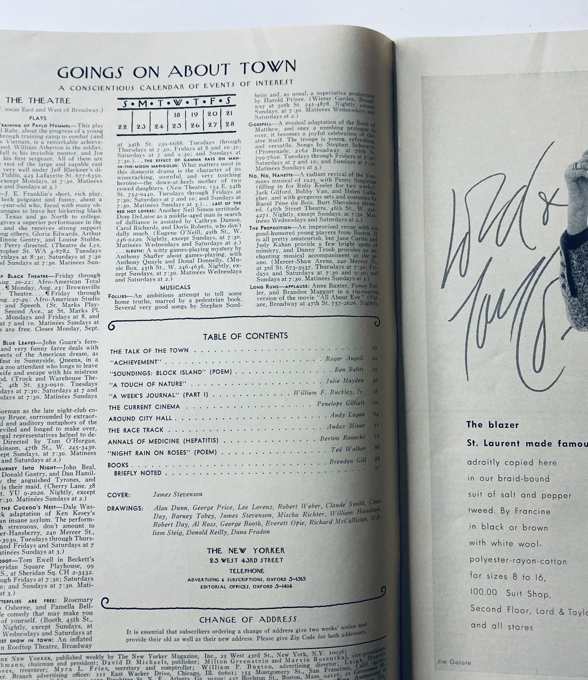 Inside page of The New Yorker Magazine August 21, 1971 displaying the Table of Contents and calendar of events, showcasing various articles and contributions from renowned writers.