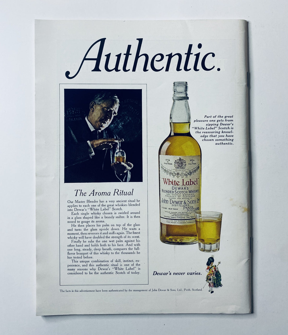 Authentic advertisement featuring a vintage image of a man pouring Dewar's White Label blended Scotch whisky, highlighting the aroma ritual, associated with The New Yorker Magazine August 21, 1971 cover by James Stevenson.