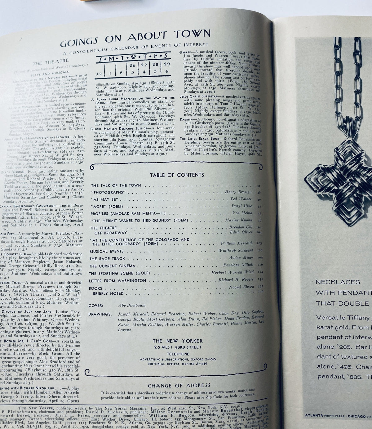 Interior page of The New Yorker Magazine from April 29, 1972 displaying the Table of Contents and event listings.
