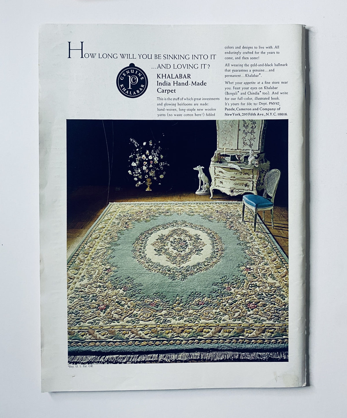 Advertisement page in The New Yorker Magazine from April 29, 1972 promoting Khalabar India Hand-Made Carpet.