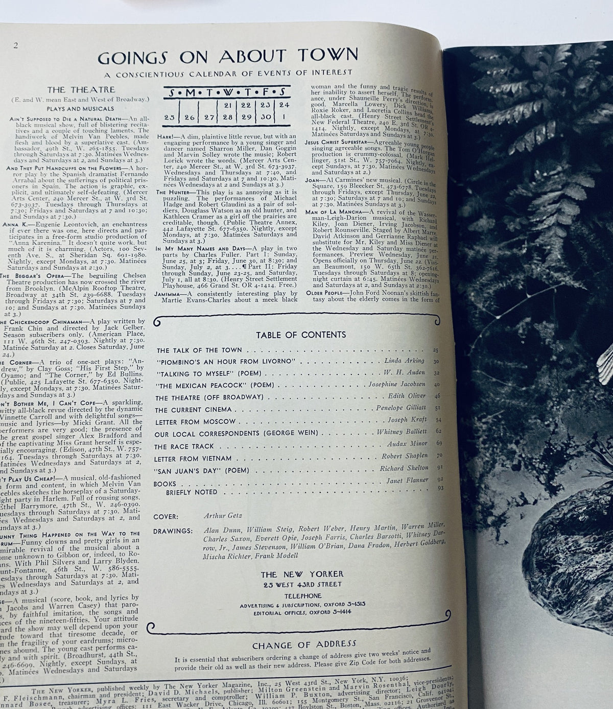 Interior page from The New Yorker Magazine June 24, 1972, featuring the Goings on About Town calendar and Table of Contents, showcasing various articles and poems.