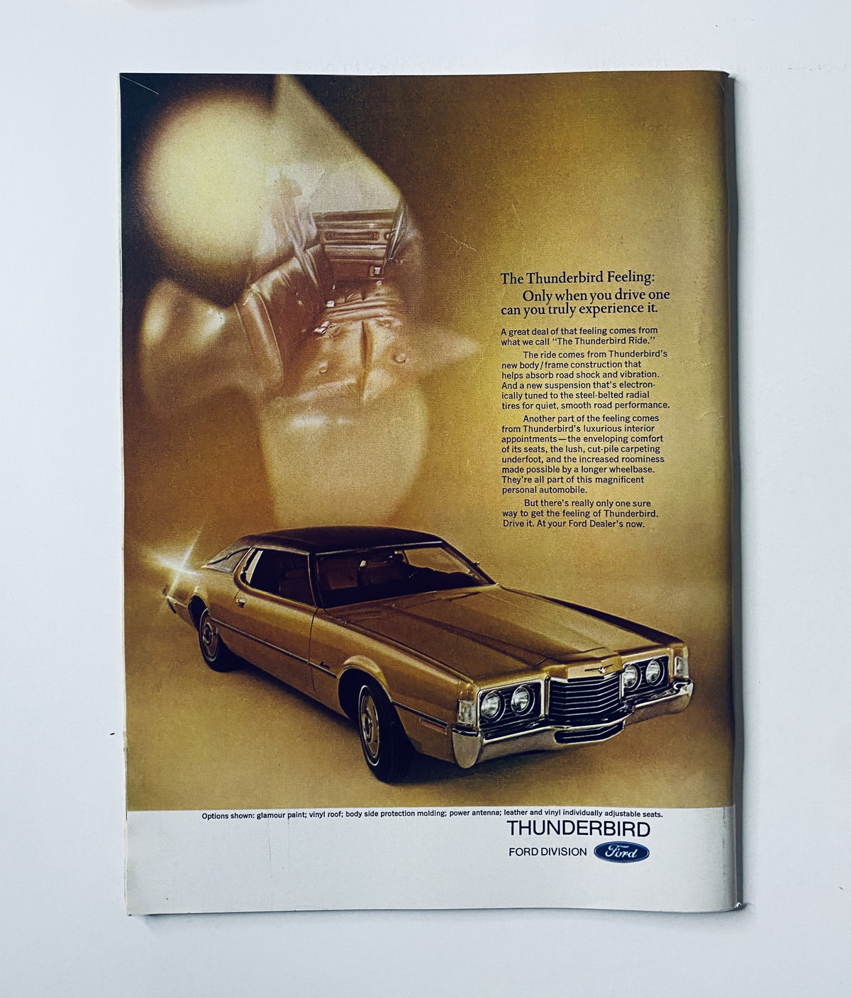 Advertisement for the Ford Thunderbird in The New Yorker Magazine June 24, 1972, highlighting the unique driving experience of this classic car.
