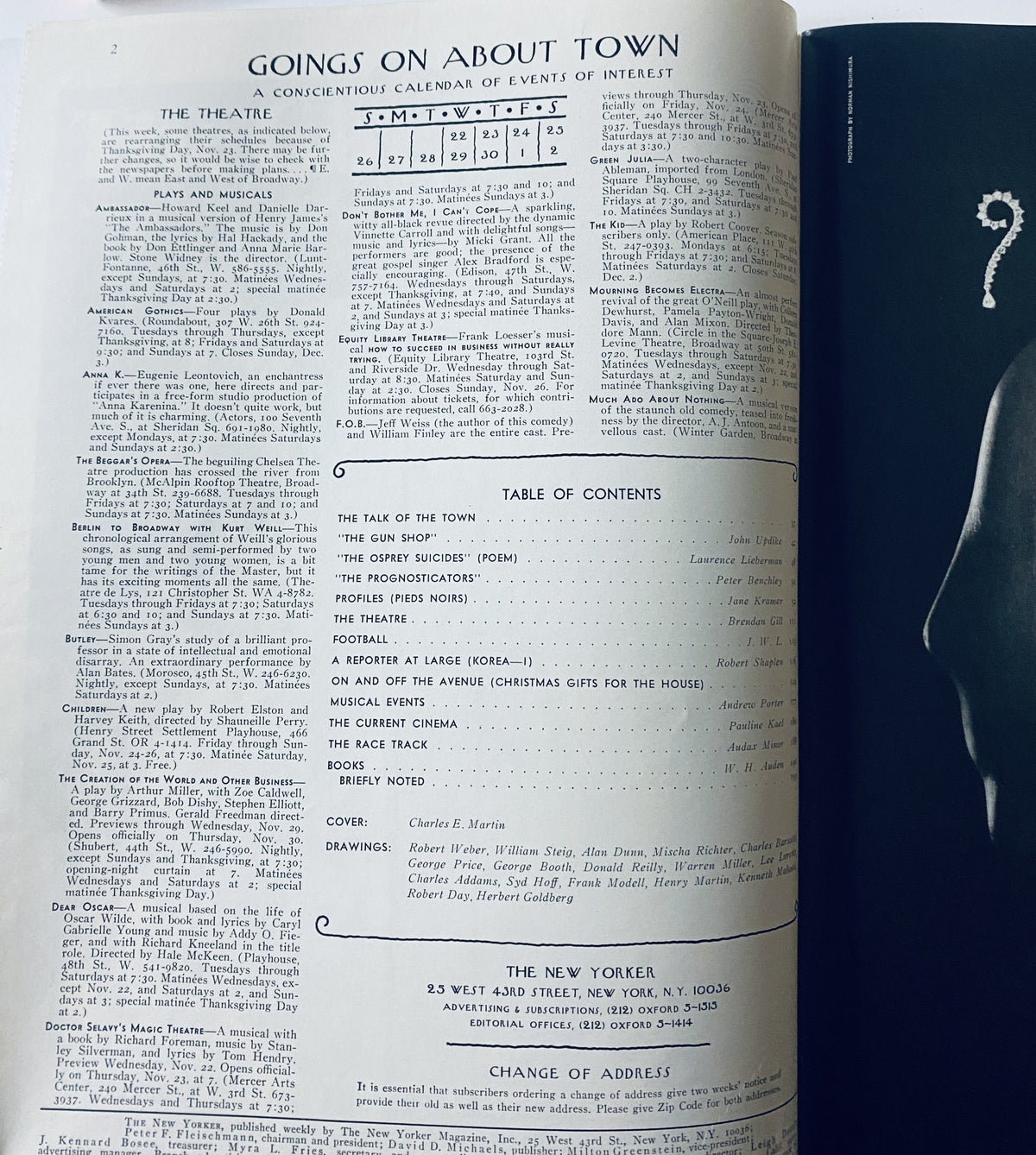 Inside page of The New Yorker Magazine, November 25, 1972, featuring the 'Goings on About Town' section including a table of contents, arts events, and notable writings.