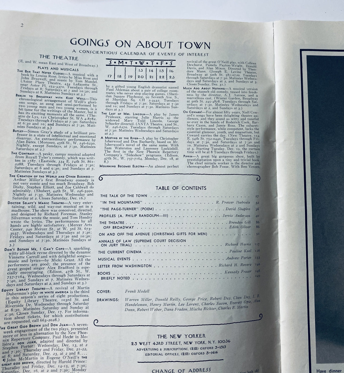 Inside page of The New Yorker Magazine December 16, 1972 displaying the Table of Contents and events calendar.