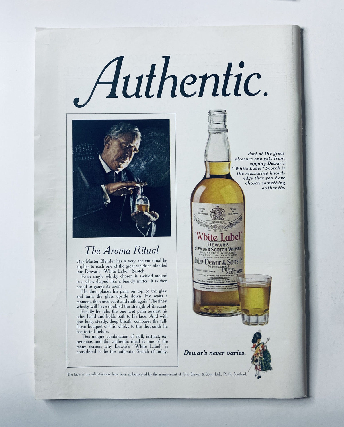 Authentic advertisement for Dewar's White Label Scotch whisky featuring a man demonstrating the 'Aroma Ritual' of Scotch drinking. The advertisement emphasizes the rich heritage of Dewar's whisky, showcasing a glass of the drink beside the bottle. This image complements The New Yorker Magazine March 11, 1972 issue with cover by Pierre Le-Tan.