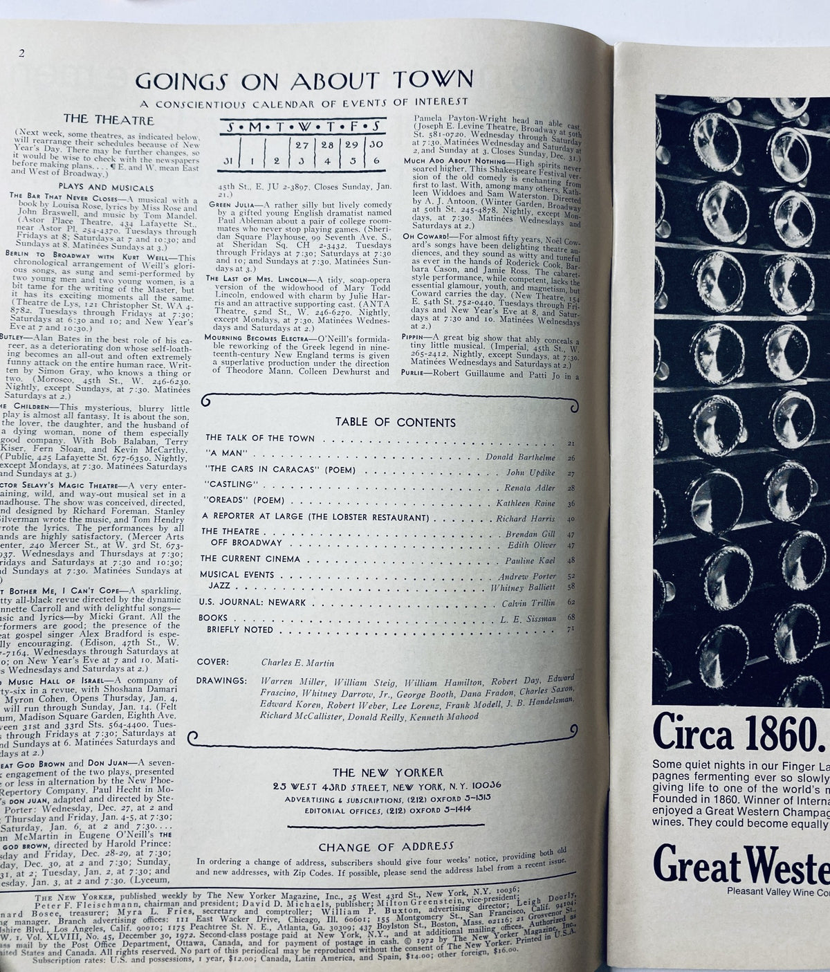 Interior page of The New Yorker Magazine December 30, 1972, presenting the table of contents and events listing, with notable contributions by various authors including Charles E. Martin.