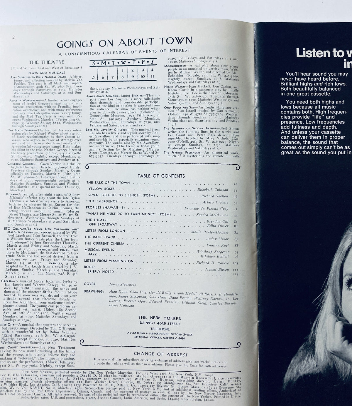 Image of a vintage The New Yorker magazine from March 4, 1972 featuring the cover art titled 'Snowy Hill Road' by James Stevenson, along with an interior page showing a list of articles and contents.