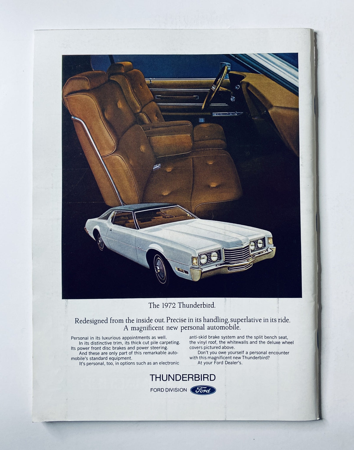 Advertisement page from The New Yorker magazine March 4, 1972 showcasing the 1972 Ford Thunderbird, highlighting its redesigned features and luxurious interior.
