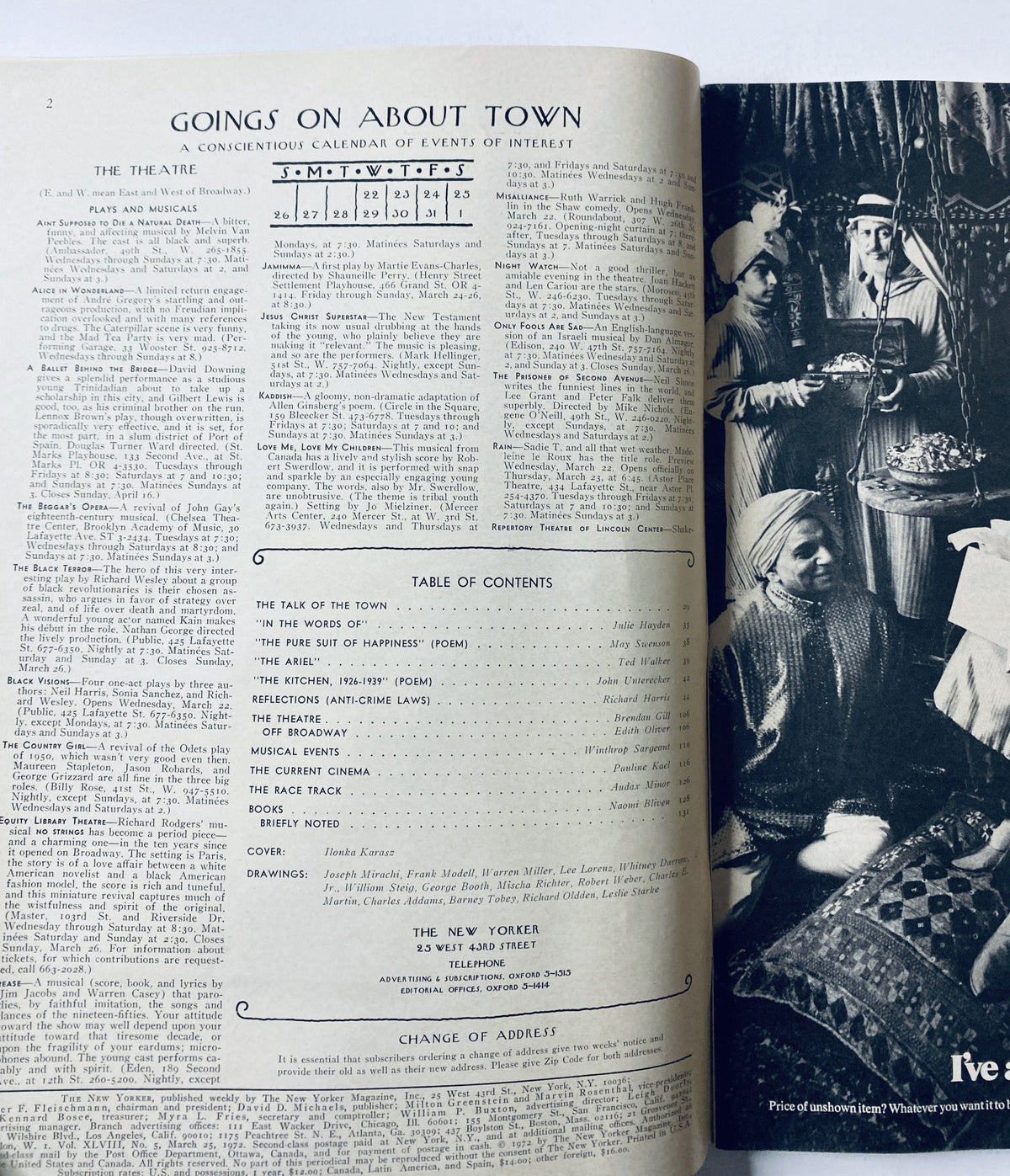 Inside spread of The New Yorker Magazine March 25, 1972 showing the table of contents and events calendar, detailing cultural happenings and notable features of the issue.