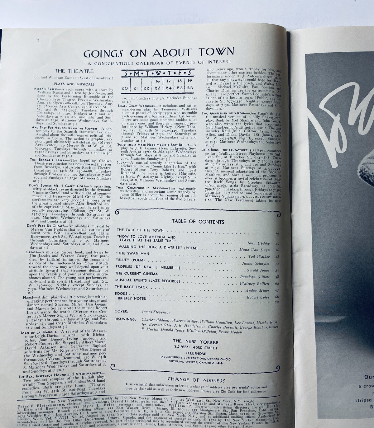 Inside page of The New Yorker Magazine August 19, 1972, featuring a list of events and the Table of Contents alongside the magazine's signature font and design.