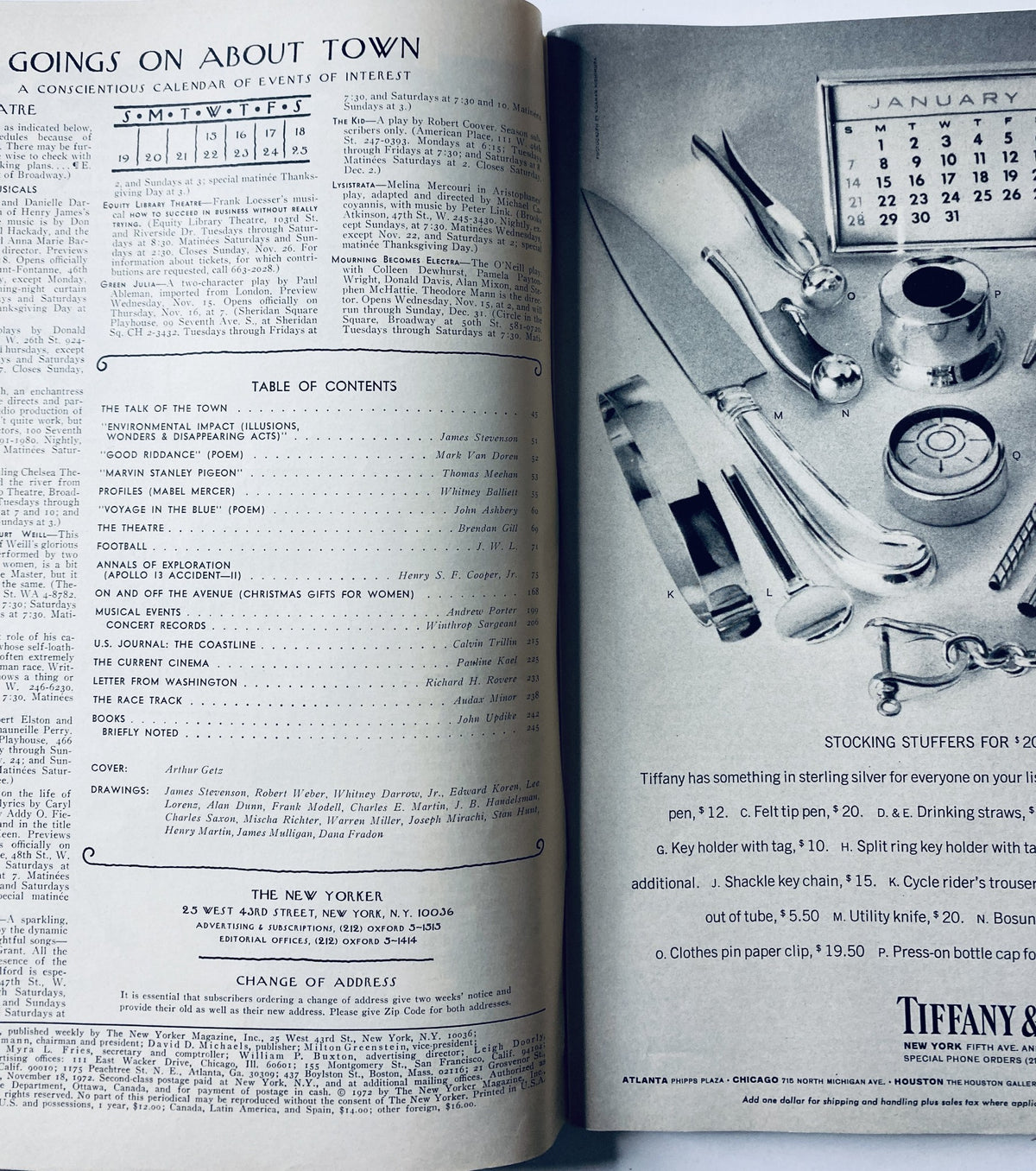 Inside view of The New Yorker Magazine, November 18, 1972, showcasing the Table of Contents alongside an advertisement for Tiffany's gifts.