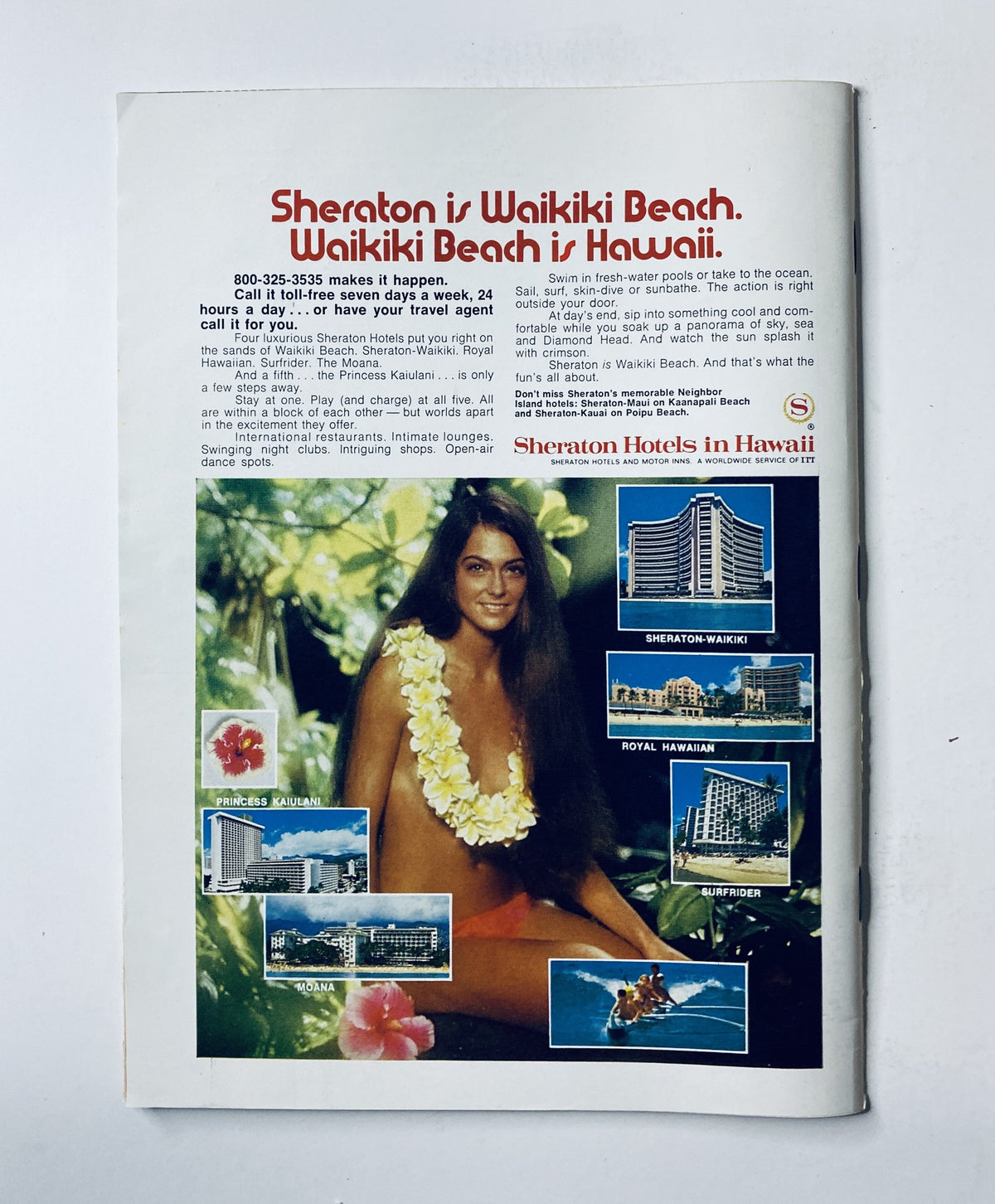 Vintage advertisement for Sheraton Hotels in Hawaii featuring a model in a floral lei at Waikiki Beach. The ad highlights the luxury of staying at the Sheraton Waikiki with images of the hotel facilities. This is part of a promotional campaign for Sheraton Hotels in Hawaii.