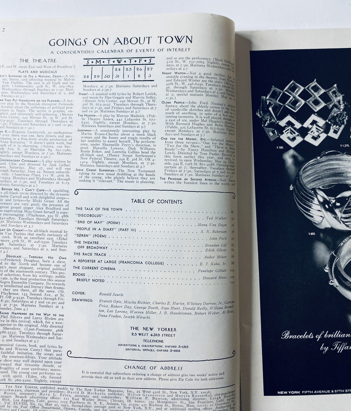The New Yorker Magazine May 27, 1972, featuring the 'Goings On About Town' section and the Table of Contents with highlights such as 'Disco Bolus' and 'The Race Track.' The publication is illustrated with content from various writers.