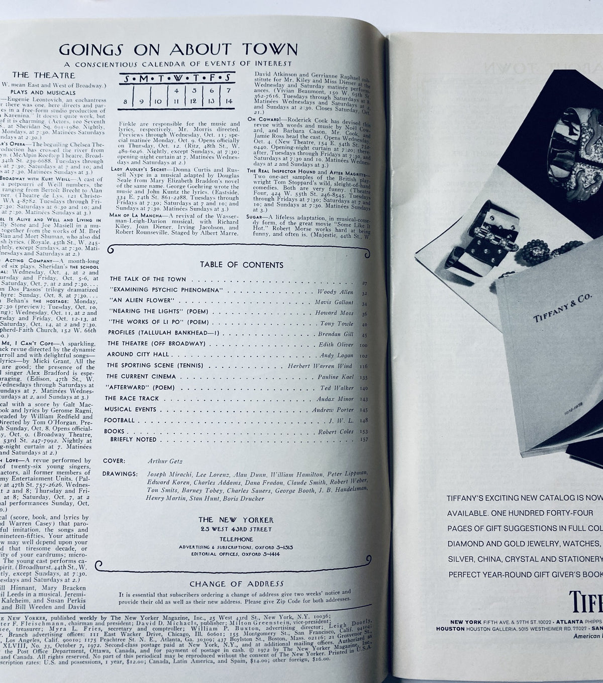 Interior page of The New Yorker Magazine October 7, 1972 displaying the Table of Contents and an event calendar, reflecting cultural happenings of the time.