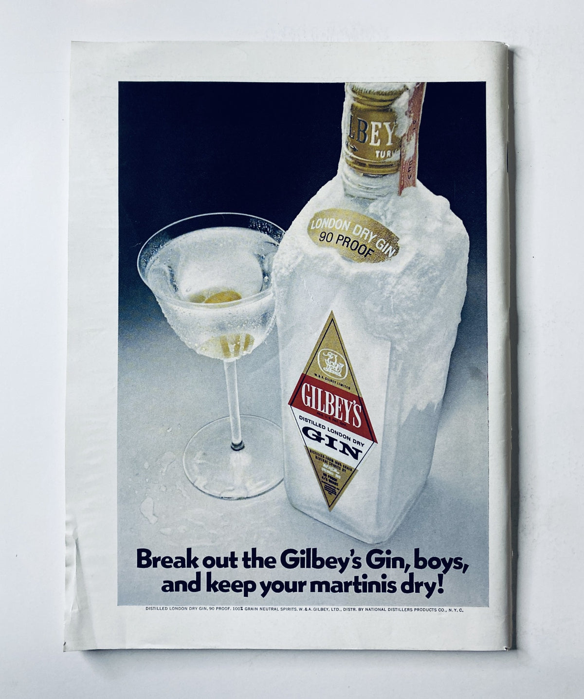 Advertisement in The New Yorker Magazine October 7, 1972 for Gilbey's Gin, featuring a bottle and a martini glass, emphasizing a classic cocktail theme.