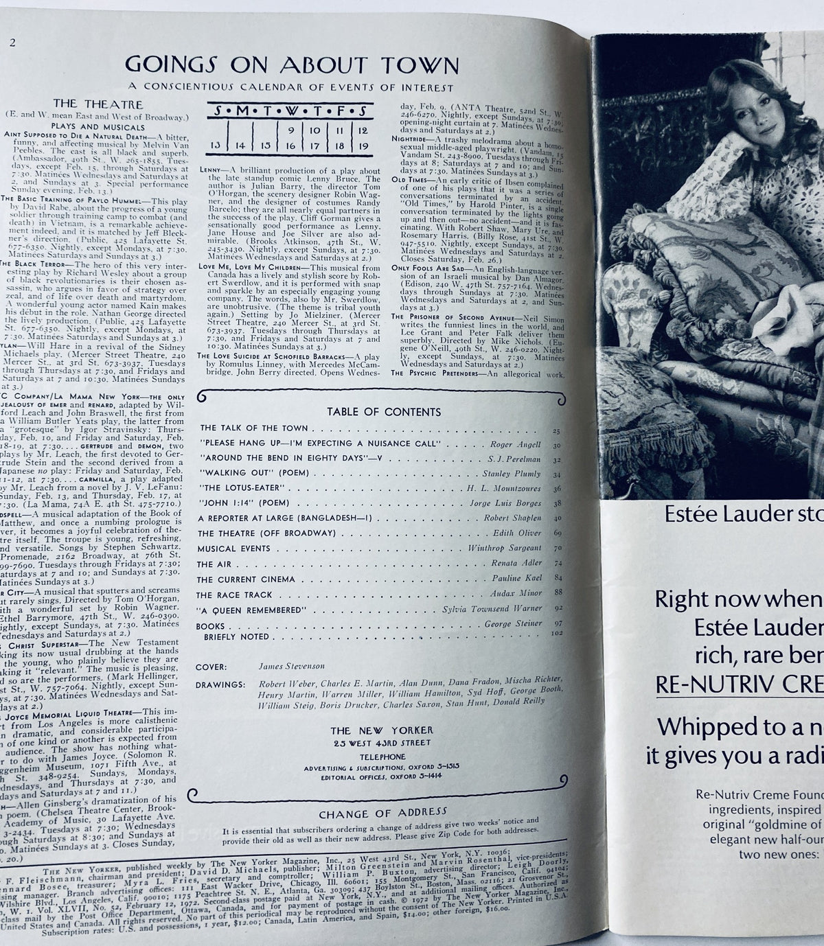 Interior page of The New Yorker Magazine February 12, 1972 featuring a calendar of events and table of contents, showcasing the magazine's rich cultural insights and literary content.