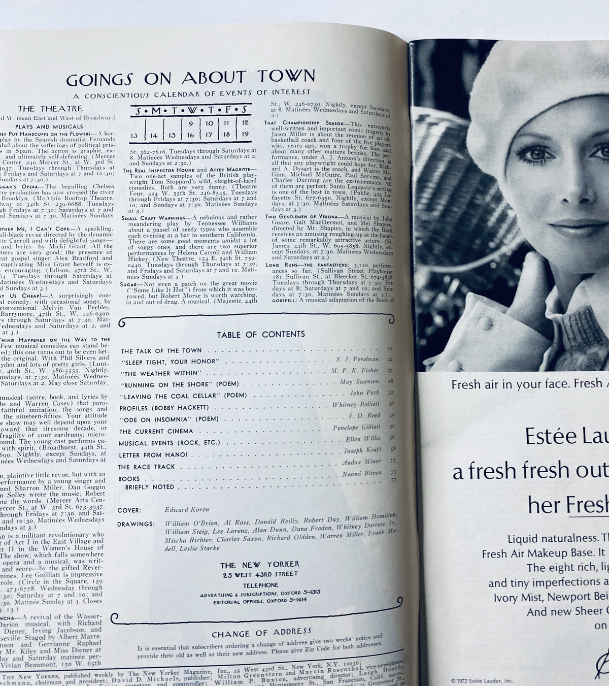 Inside page from The New Yorker Magazine August 12, 1972 featuring a calendar of events and a description of articles including "The Talk of the Town" and various poems, showcasing the magazine's classic content.
