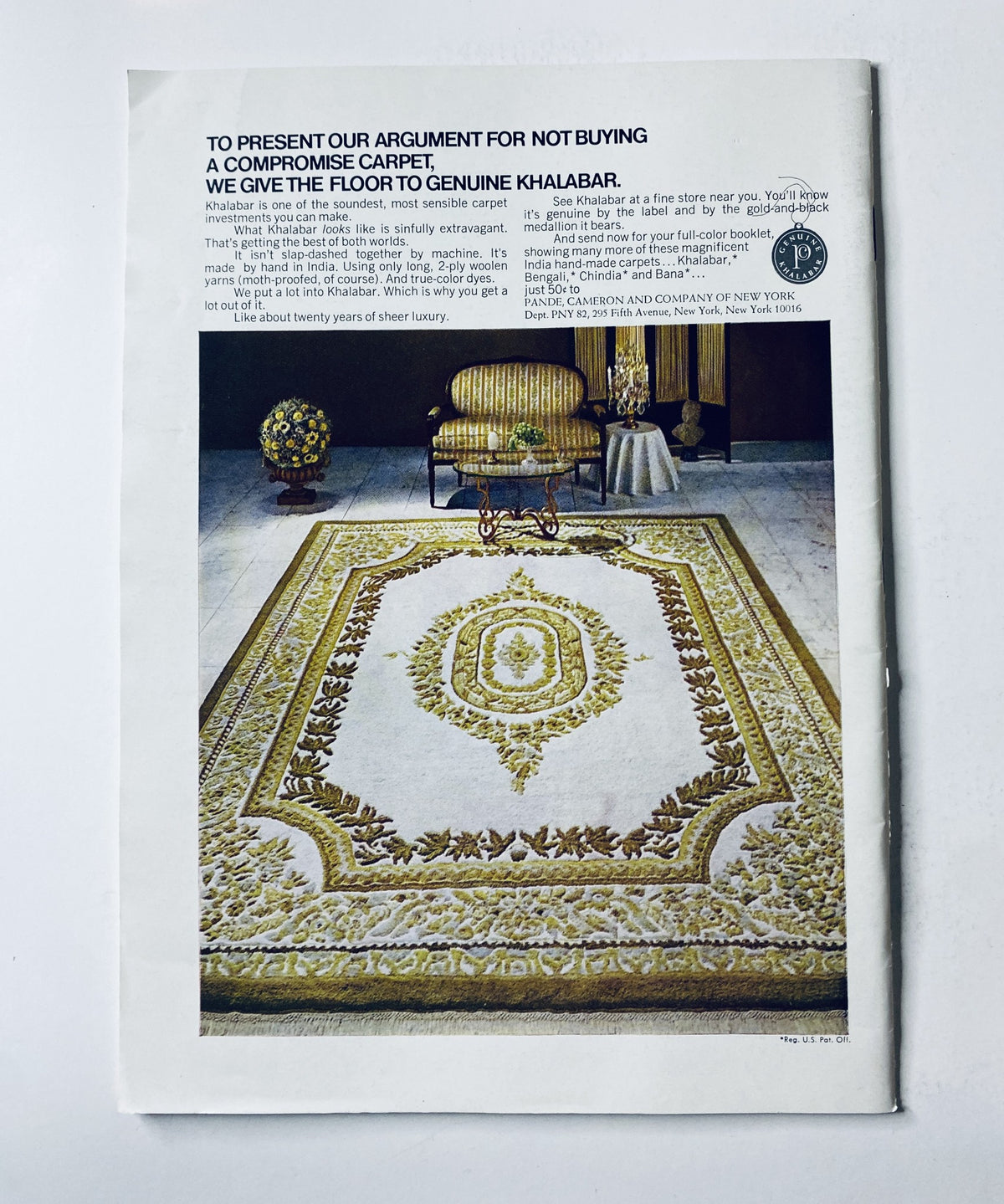 Advertisement from The New Yorker Magazine August 12, 1972 promoting genuine Khalabar carpets, featuring an elegant room setting with a luxurious carpet, highlighting the magazine's traditional advertising style.