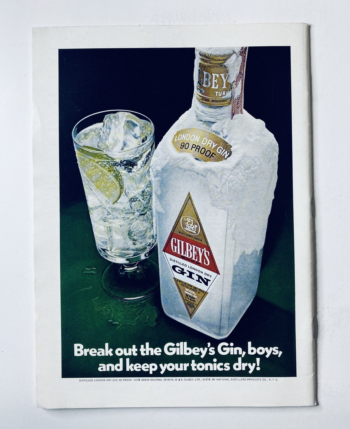 Vintage advertisement for Gilbey's Gin featured in The New Yorker Magazine July 22, 1972, showcasing a bottle of gin and a glass with ice and lemon.