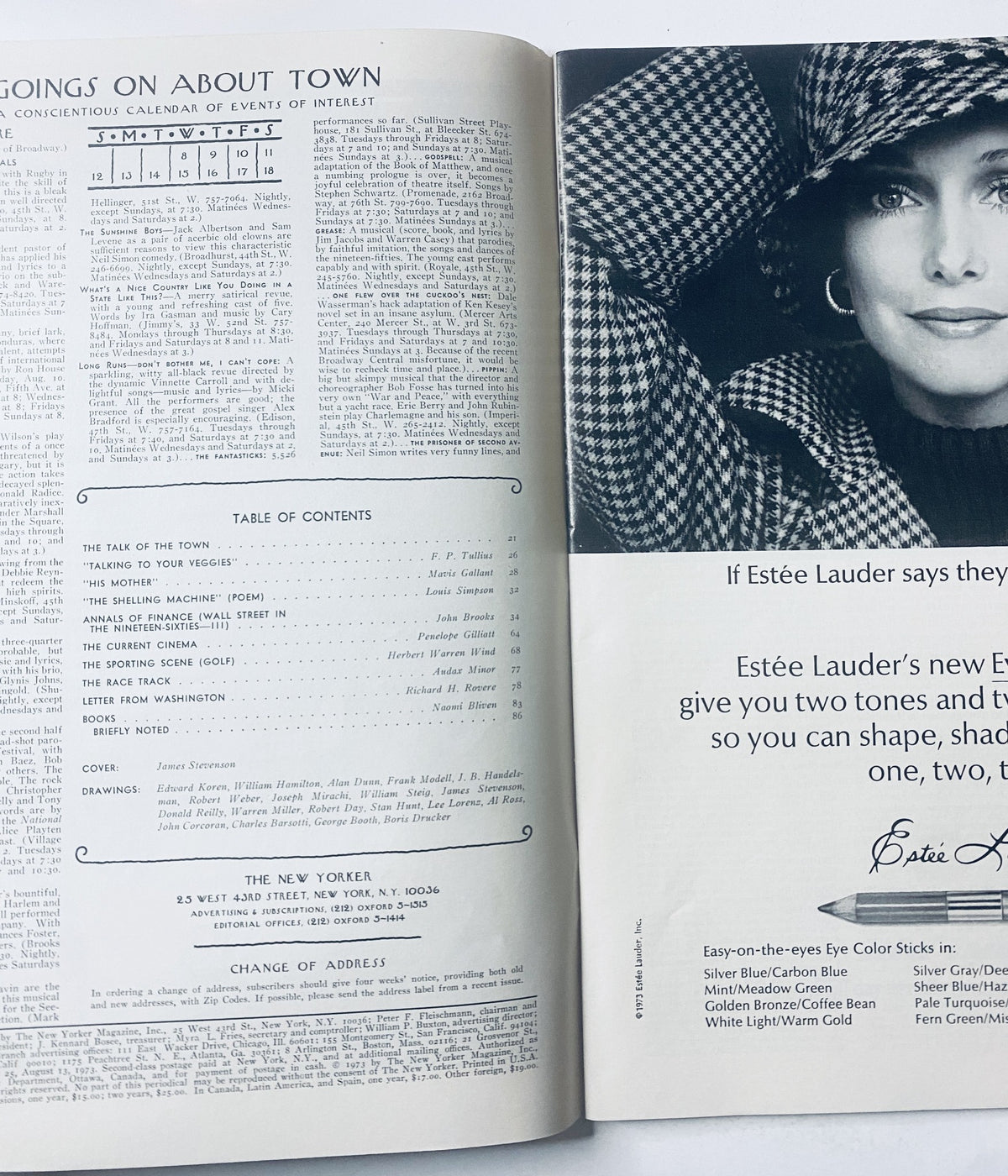 An interior page of The New Yorker Magazine August 13, 1973 displaying the Table of Contents and an advertisement featuring a model promoting Estée Lauder cosmetics.