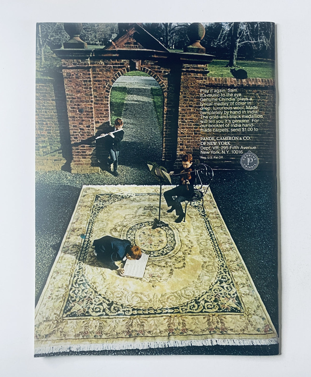 The back cover of The New Yorker Magazine August 13, 1973 showcasing a scenic outdoor advertisement featuring children and a rug from Bandel Cameron & Co.