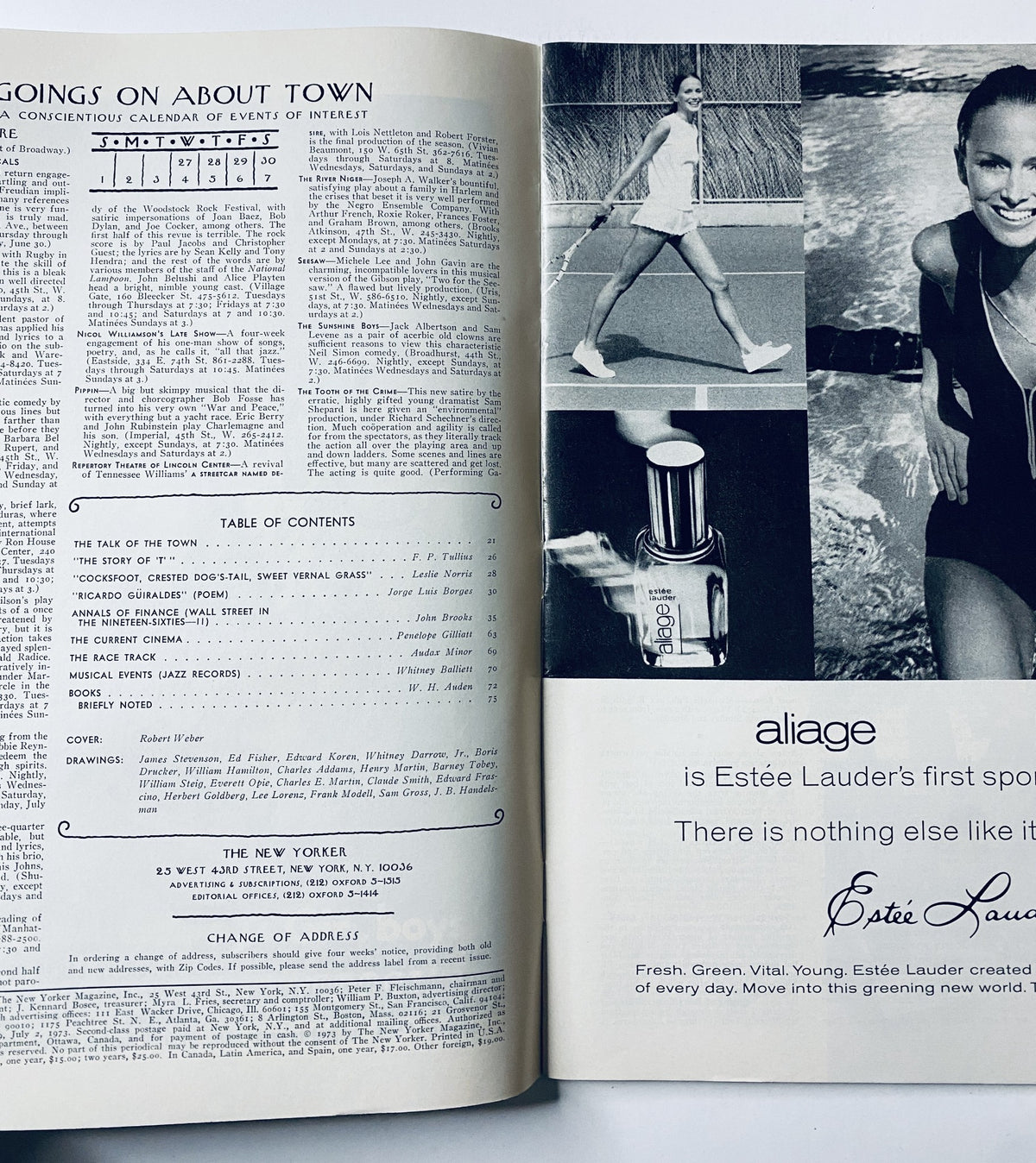 Interior page of The New Yorker magazine, July 2, 1973, showcasing the table of contents and an advertisement for Estée Lauder's aliage products, highlighting lifestyle and fashion.