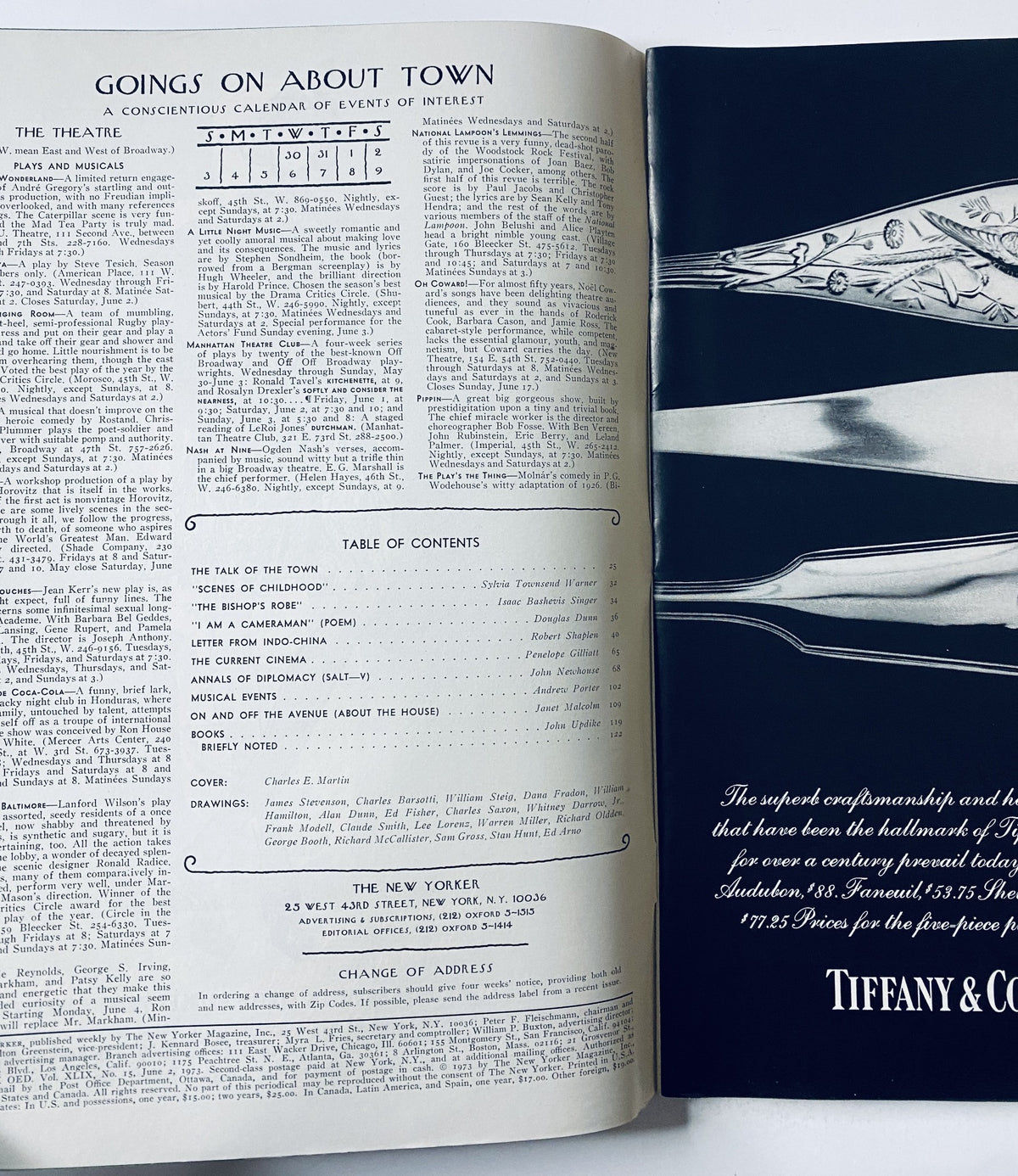 Inside pages of The New Yorker Magazine June 2, 1973, showcasing the 'Goings On About Town' section and Table of Contents with cultural events and contributors listed.