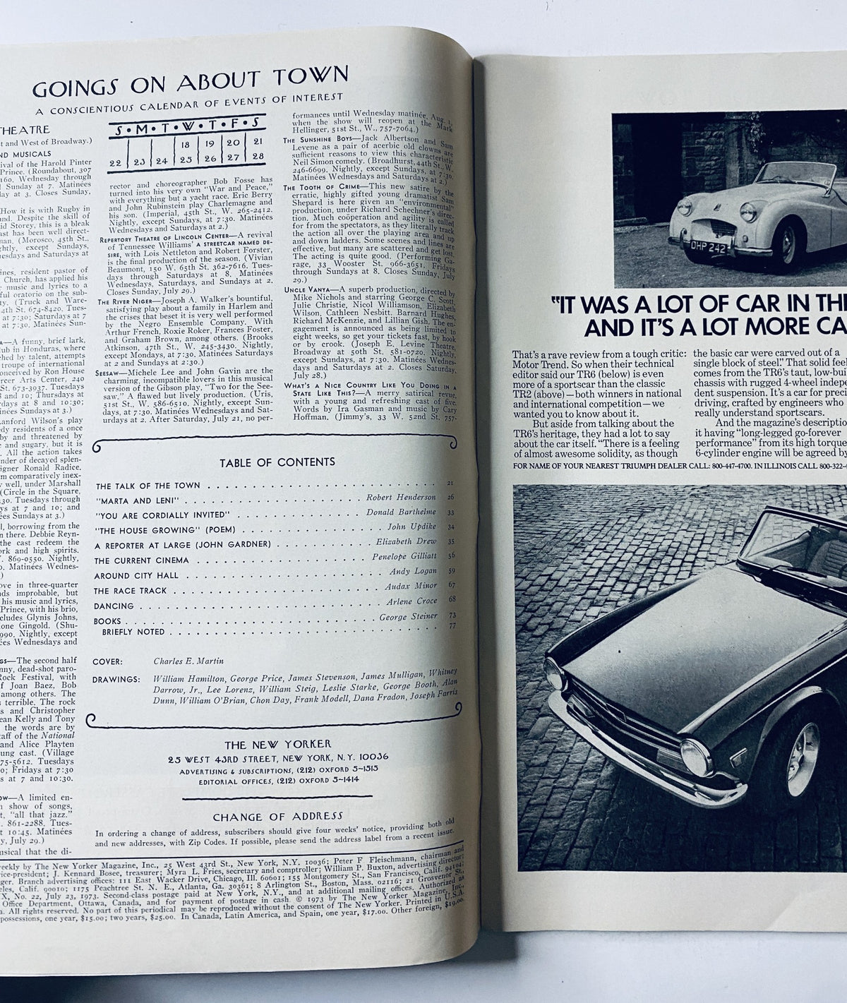 Inside page of The New Yorker Magazine July 23, 1973, featuring event calendar and articles including 'The Talk of the Town' and 'Table of Contents'. This issue showcases the cover art by Charles Martin.