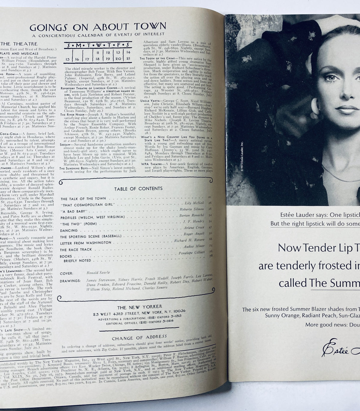 Inside spread of The New Yorker Magazine July 16, 1973, displaying the 'Goings On About Town' calendar, Table of Contents, and an advertisement for Estée Lauder products.