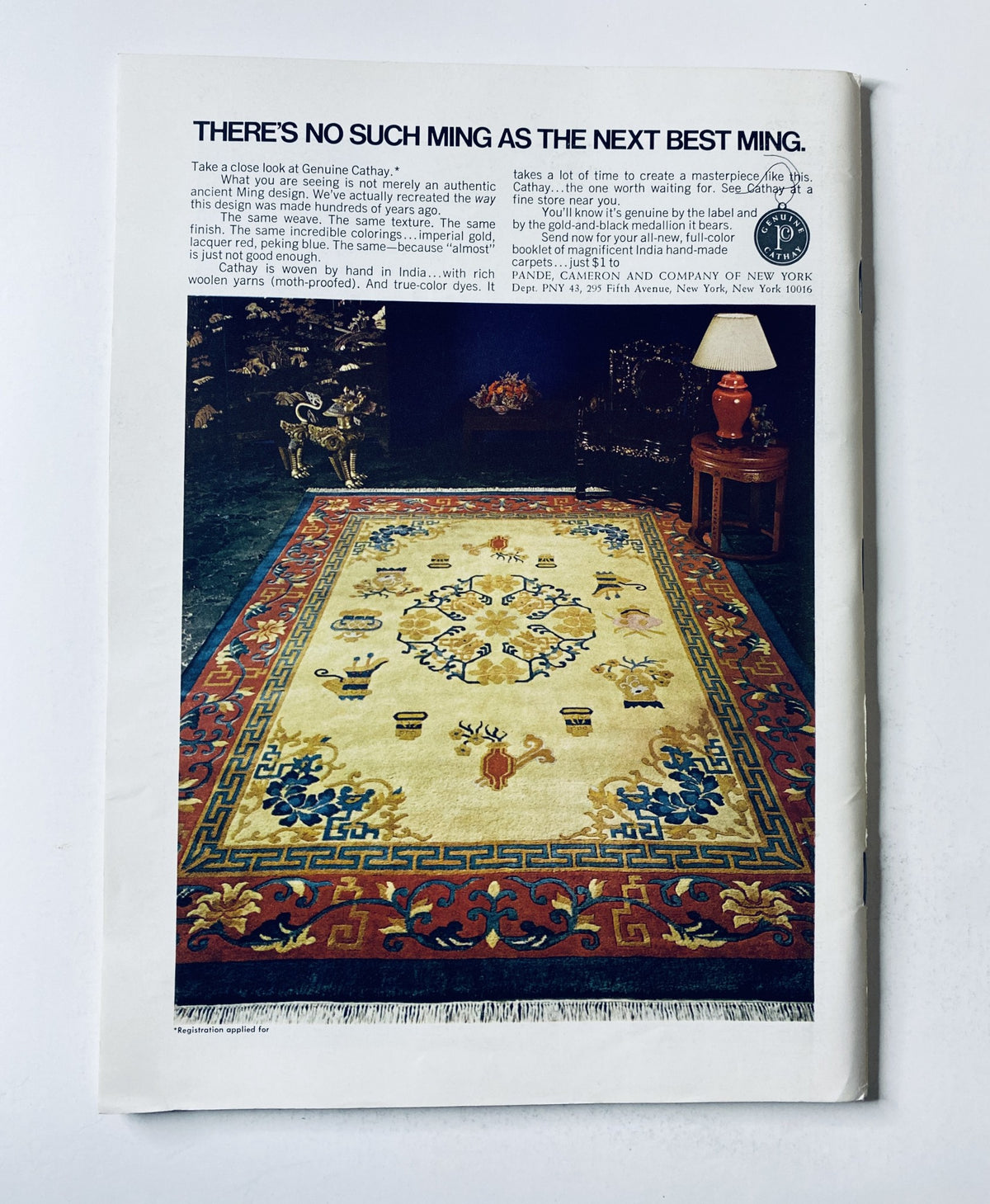 An advertisement in The New Yorker Magazine April 28, 1973 displaying an elegant rug design, highlighting a captivating product against a vibrant backdrop.