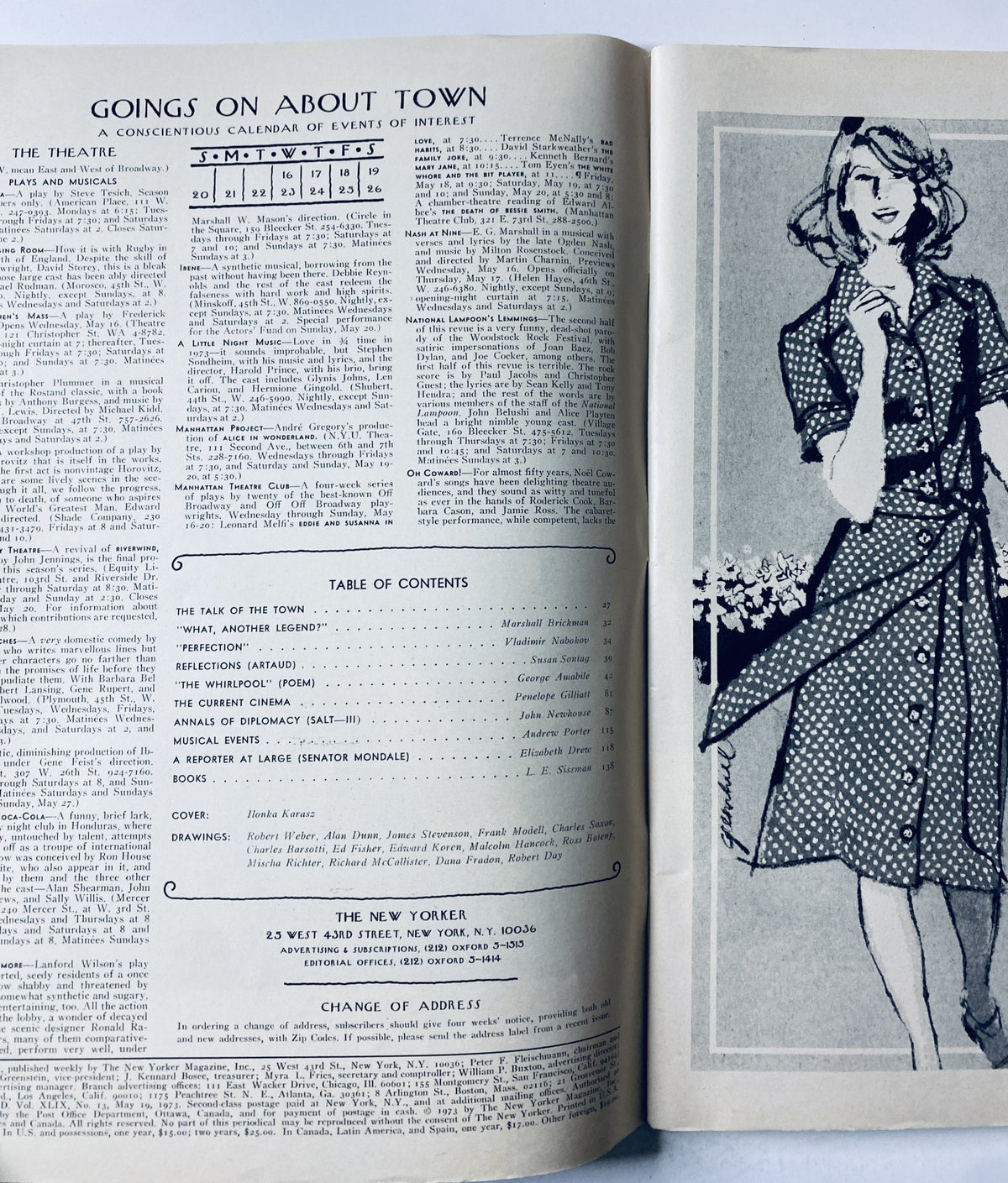 Interior page of The New Yorker Magazine May 19, 1973 displaying a calendar of events and the Table of Contents.
