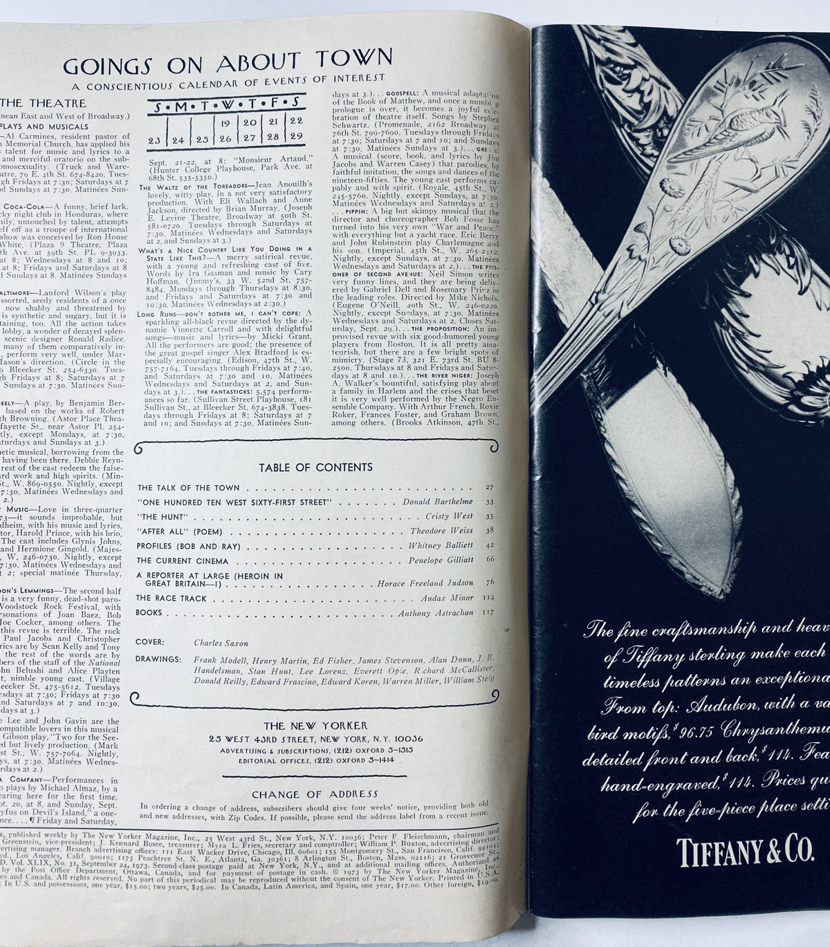 Inside spread of The New Yorker Magazine September 24, 1973 featuring a calendar of events and table of contents, showcasing the magazine's vintage design and content structure.